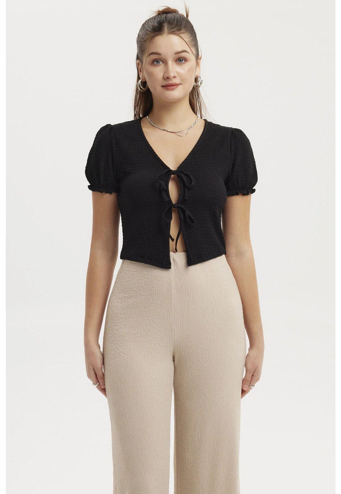 Polera Mujer Abierta Con Lazo Y Cintura Negro-0