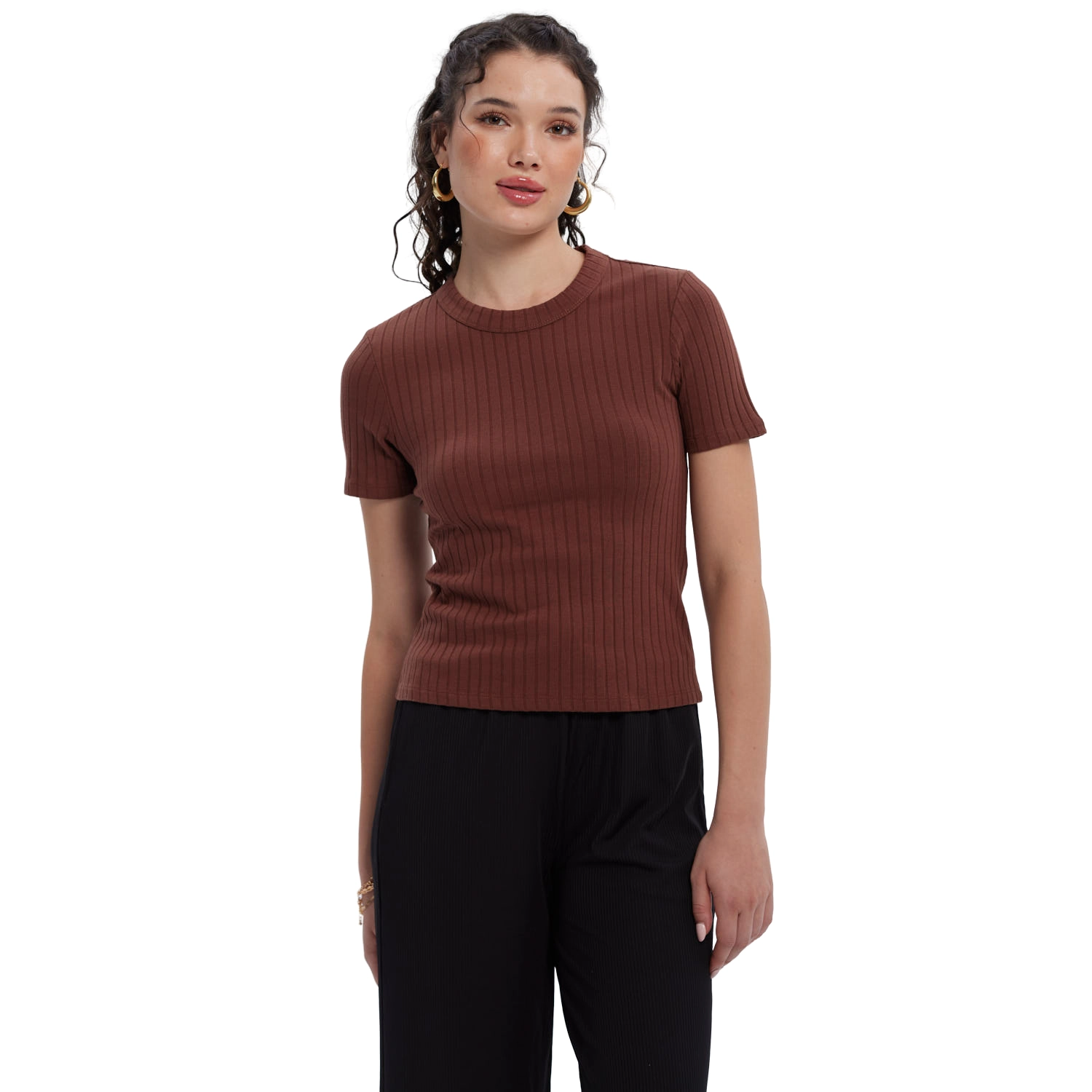 Polera Mujer Rib Crop Lisa Café-1