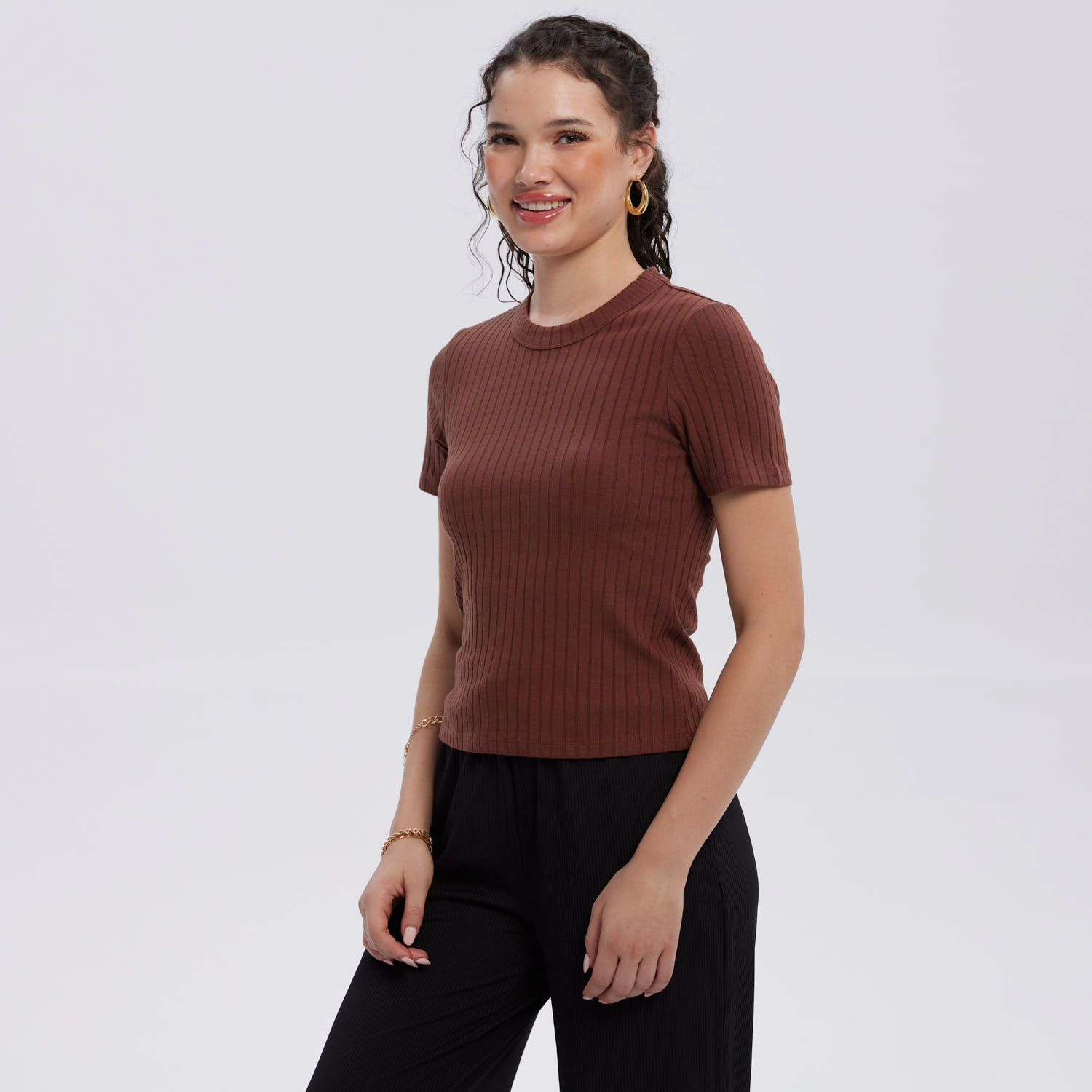 Polera Mujer Rib Crop Lisa Café-3