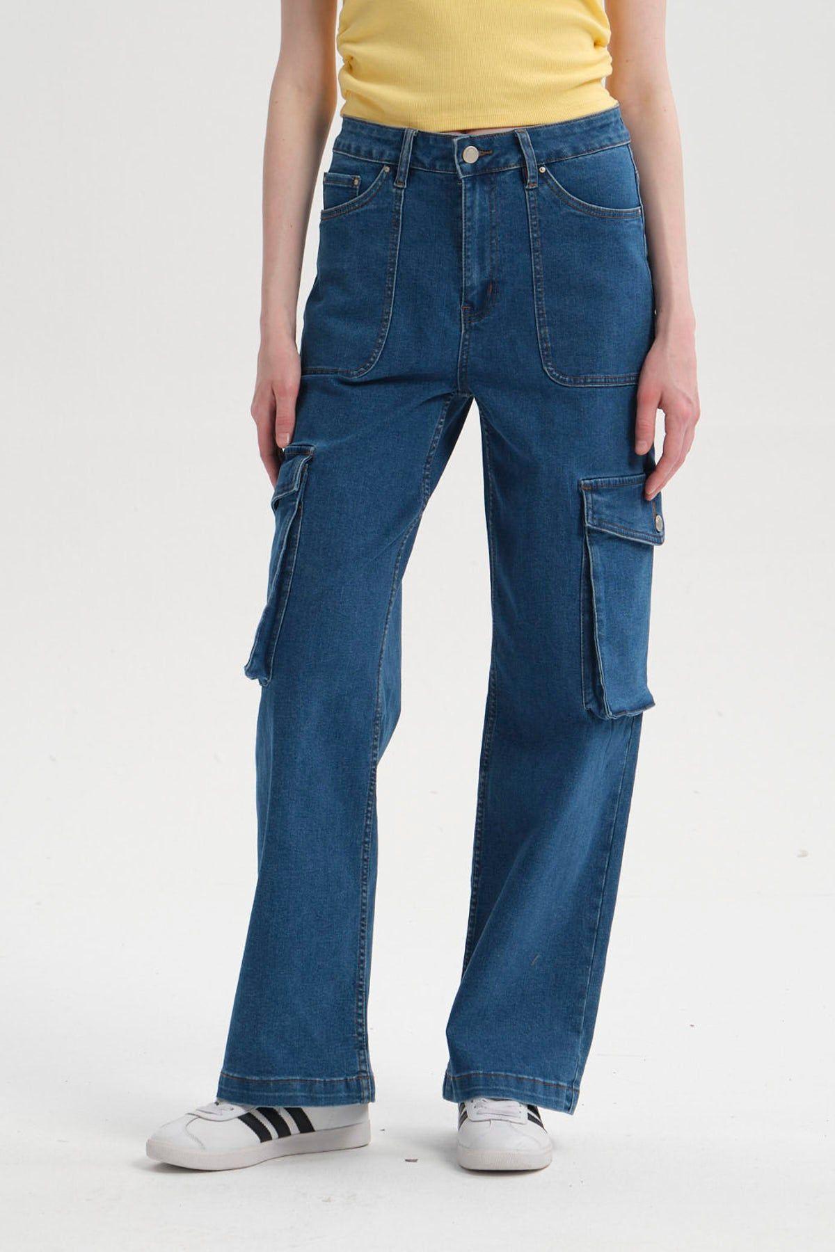 Jeans Mujer Cargo Calce Recto Azul II-0
