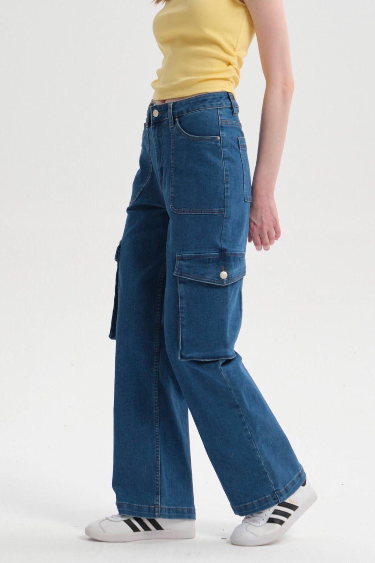 Jeans Mujer Cargo Calce Recto Azul II-1