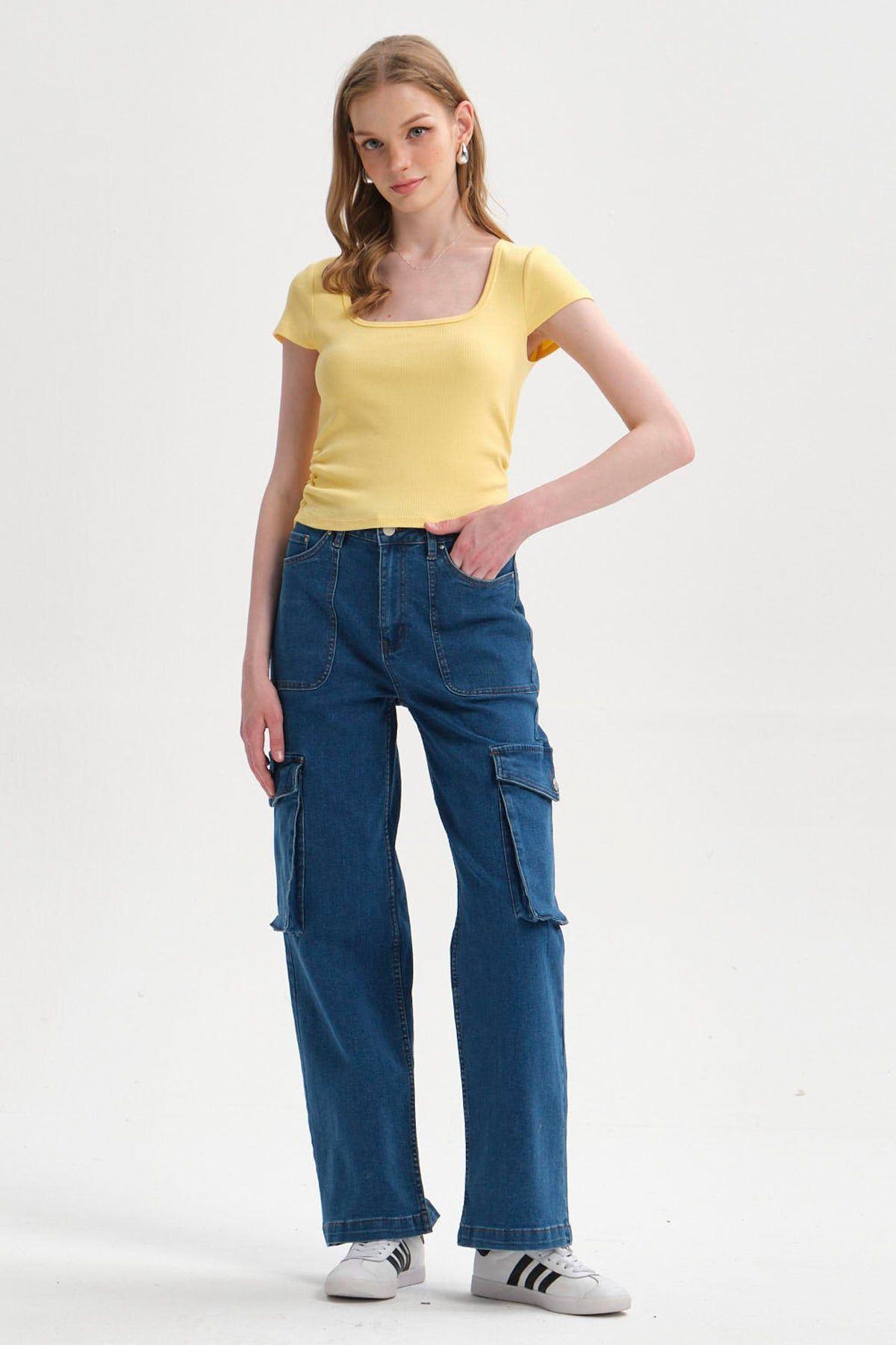 Jeans Mujer Cargo Calce Recto Azul II-3