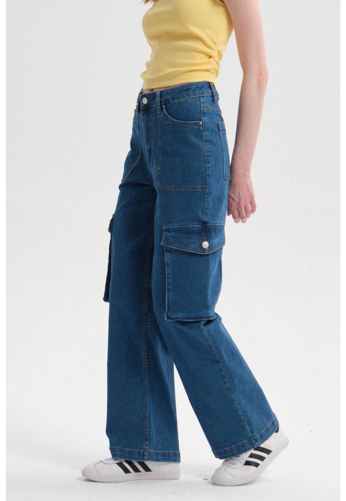 Jeans Mujer Cargo Calce Recto Azul - ll-1