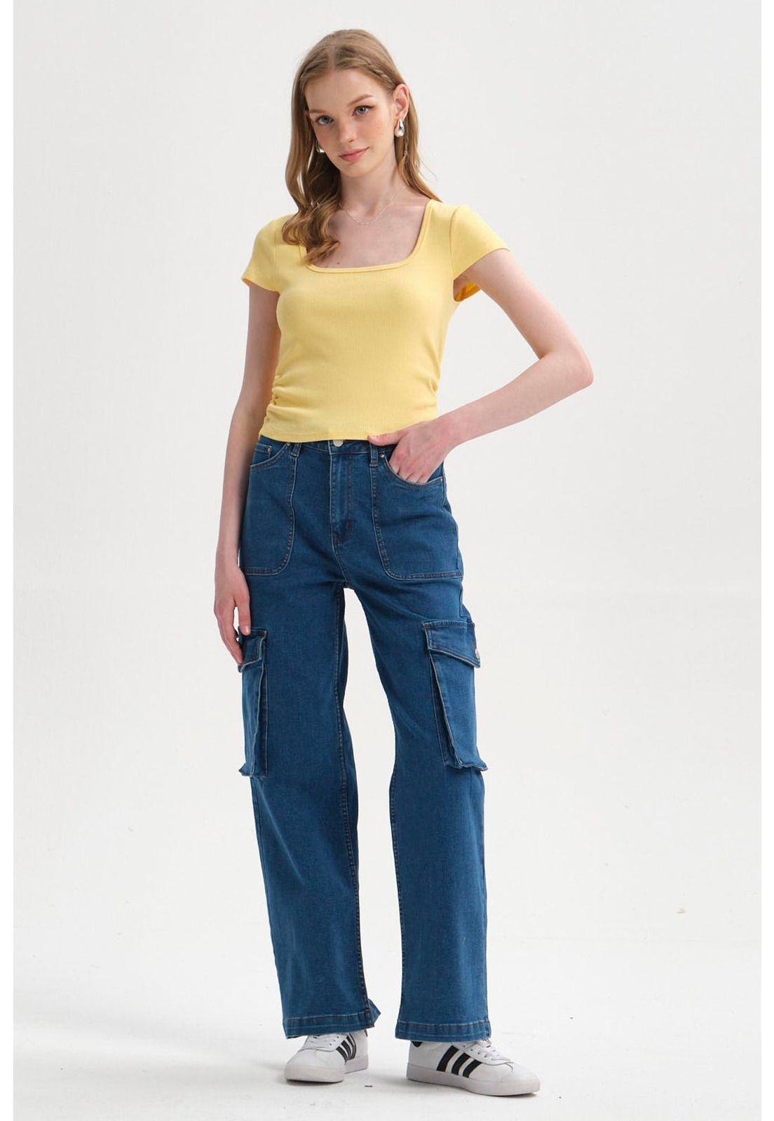 Jeans Mujer Cargo Calce Recto Azul - ll-3