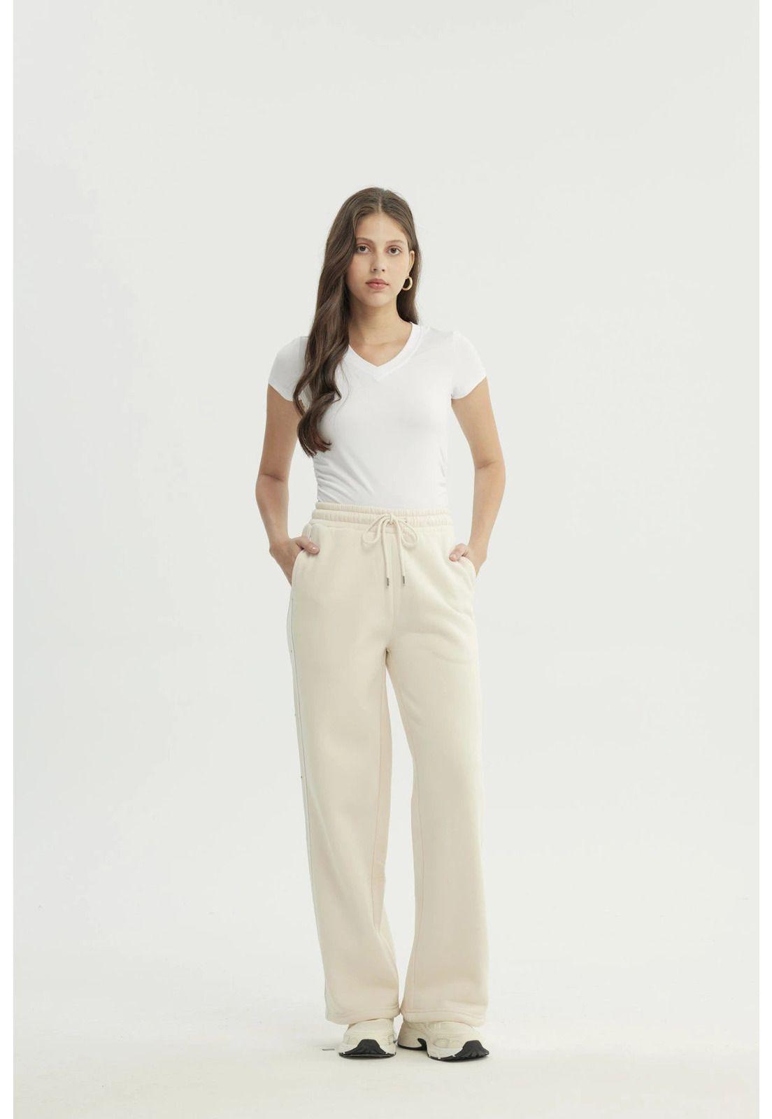 Pantalón Buzo Mujer Wide Leg Beige Claro-3