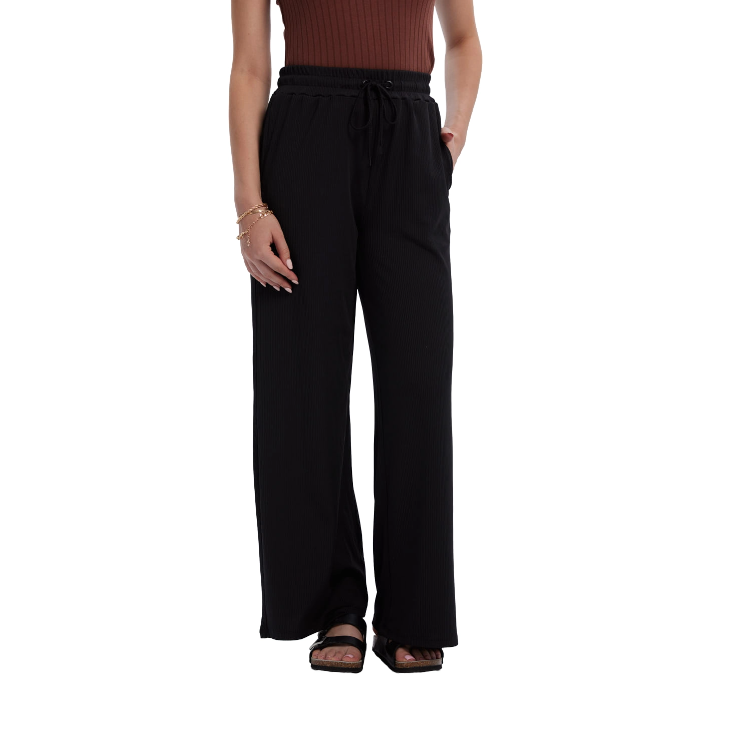 Pantalón Mujer Rib Palazzo Liso Pretina Negro-0