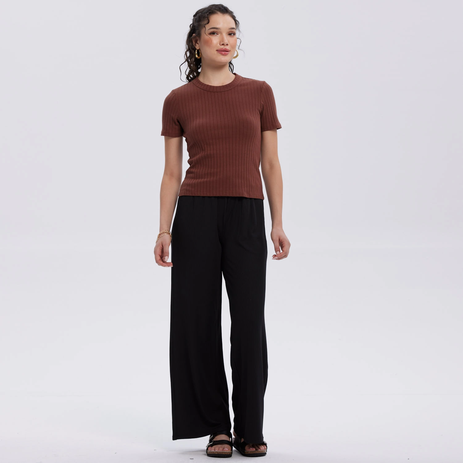 Pantalón Mujer Rib Palazzo Liso Pretina Negro-1