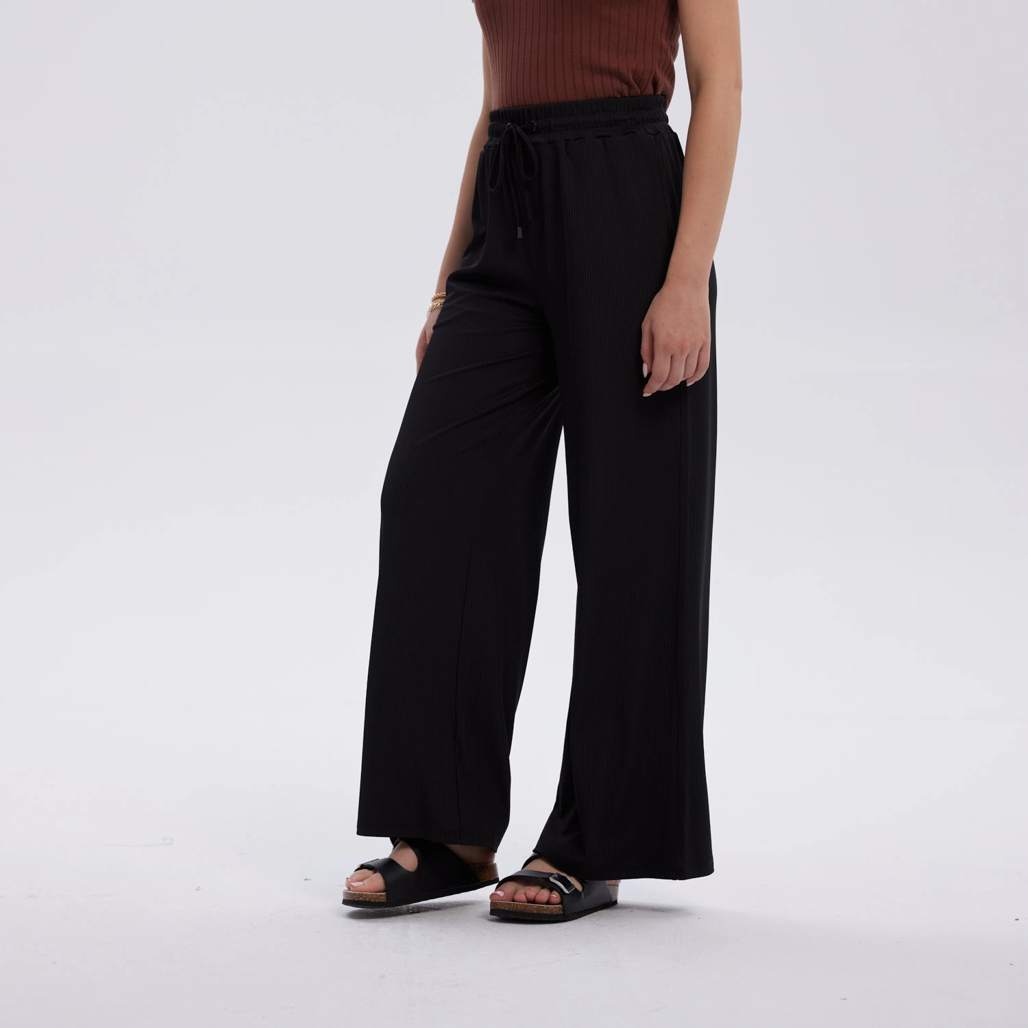 Pantalón Mujer Rib Palazzo Liso Pretina Negro-2