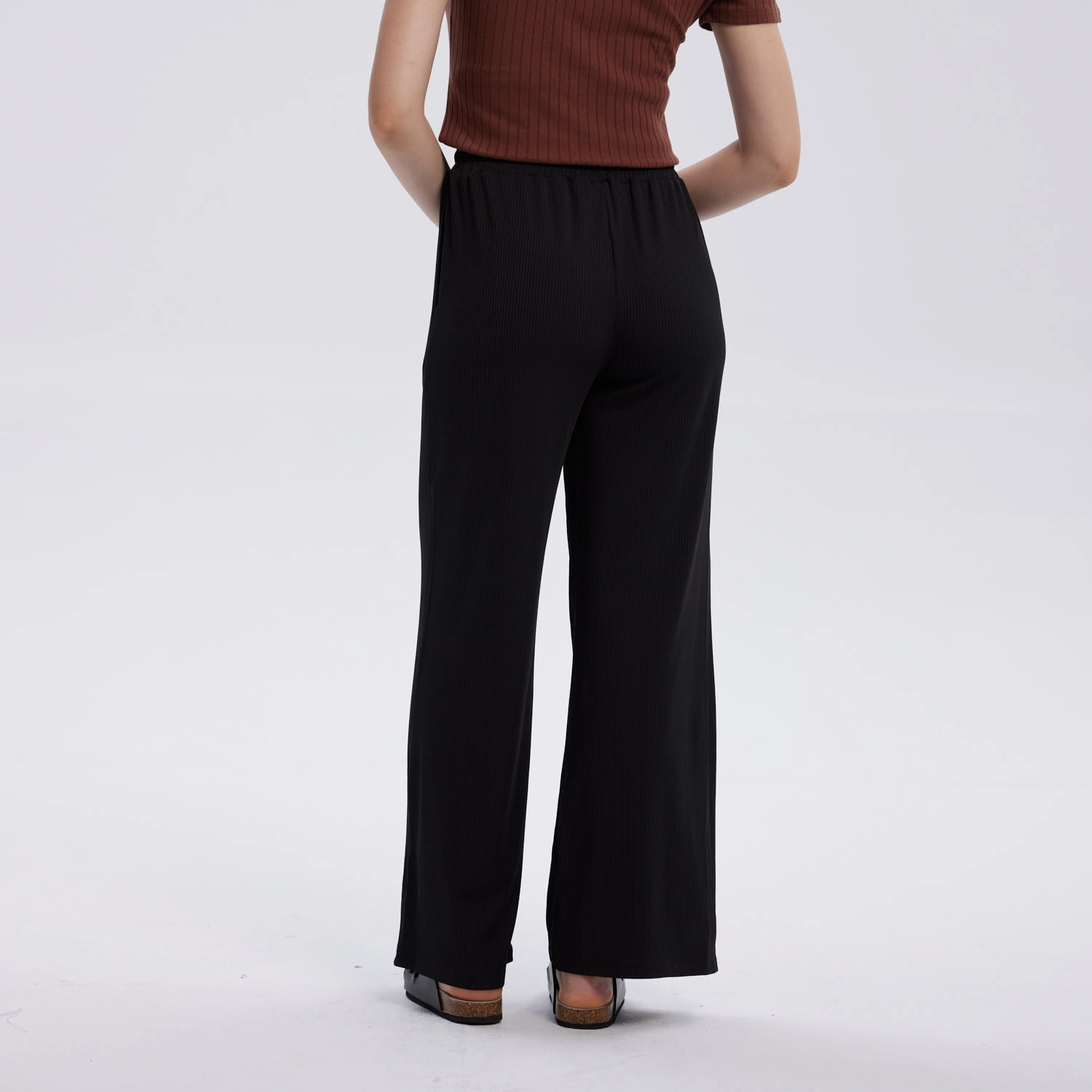 Pantalón Mujer Rib Palazzo Liso Pretina Negro-3