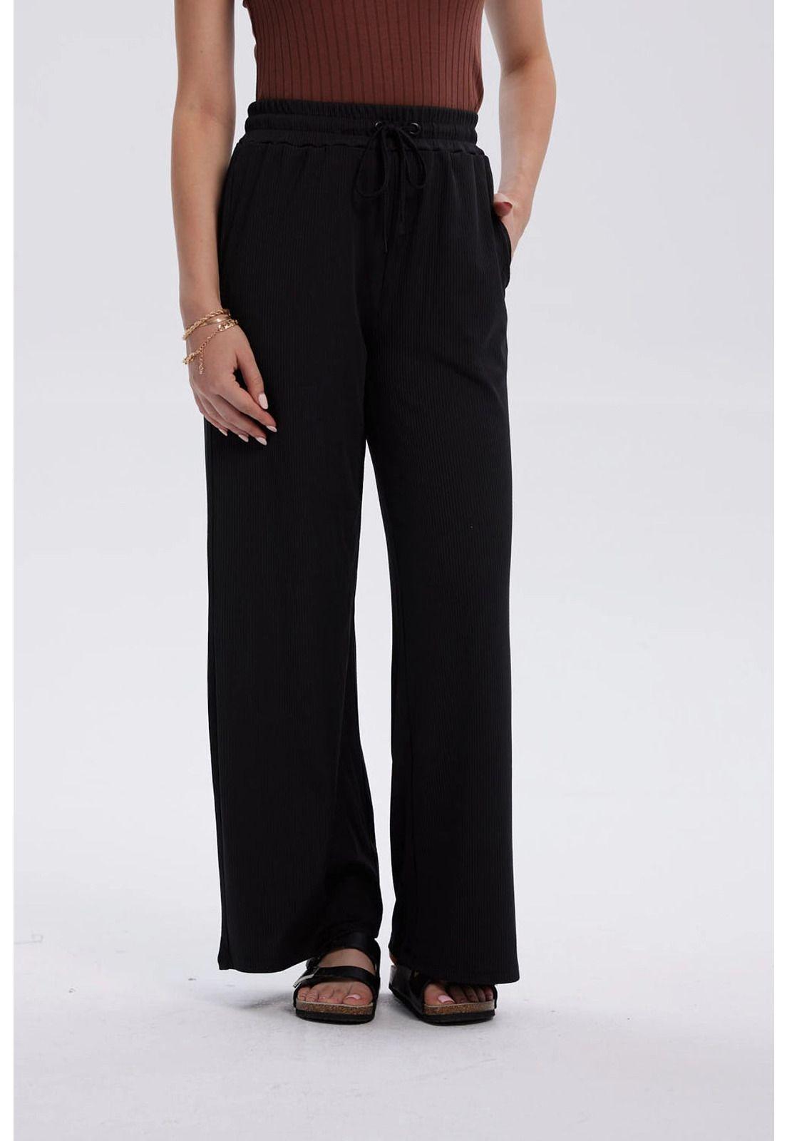 Pantalón Mujer Rib Palazzo Liso Pretina Negro-0
