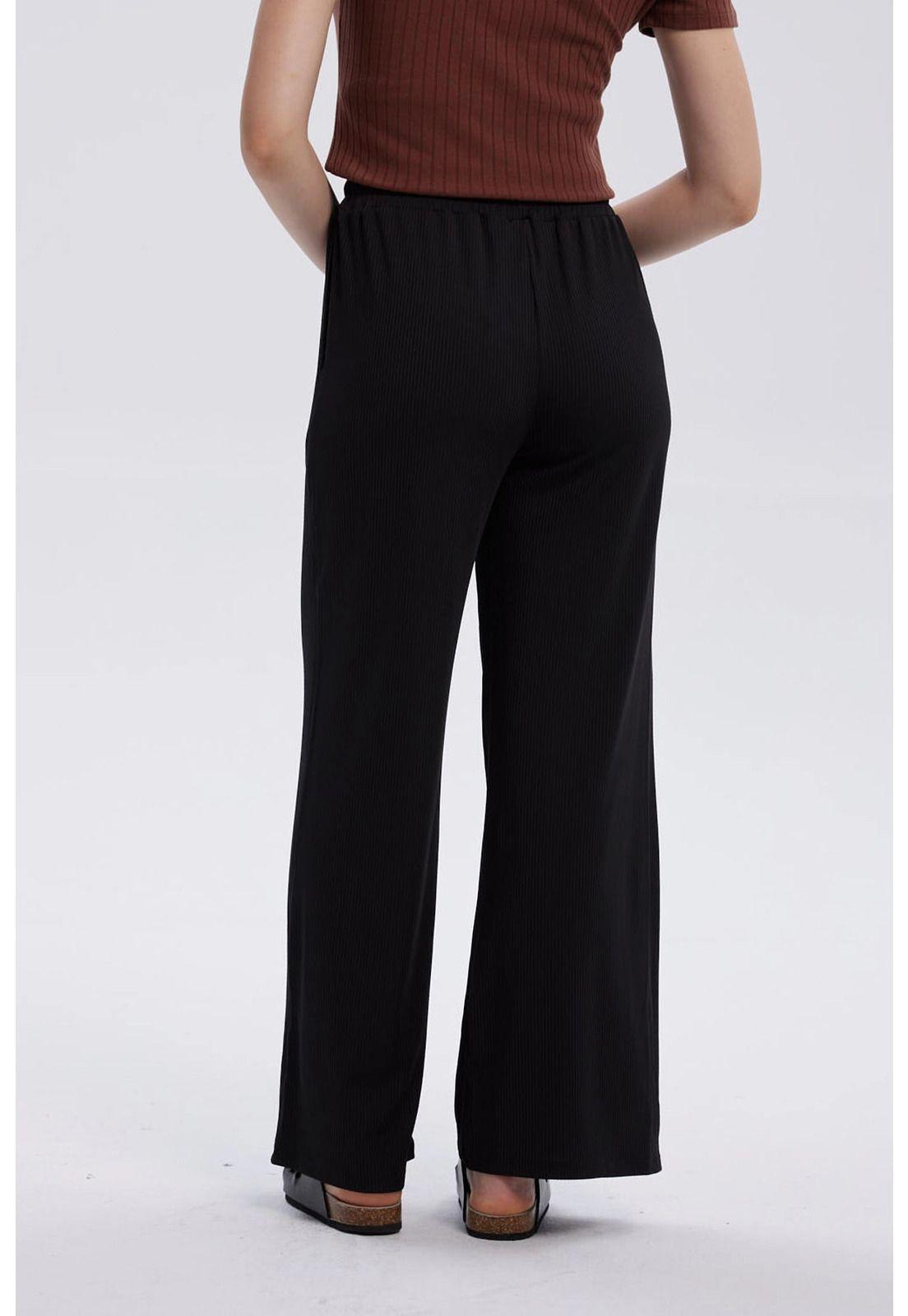 Pantalón Mujer Rib Palazzo Liso Pretina Negro-1