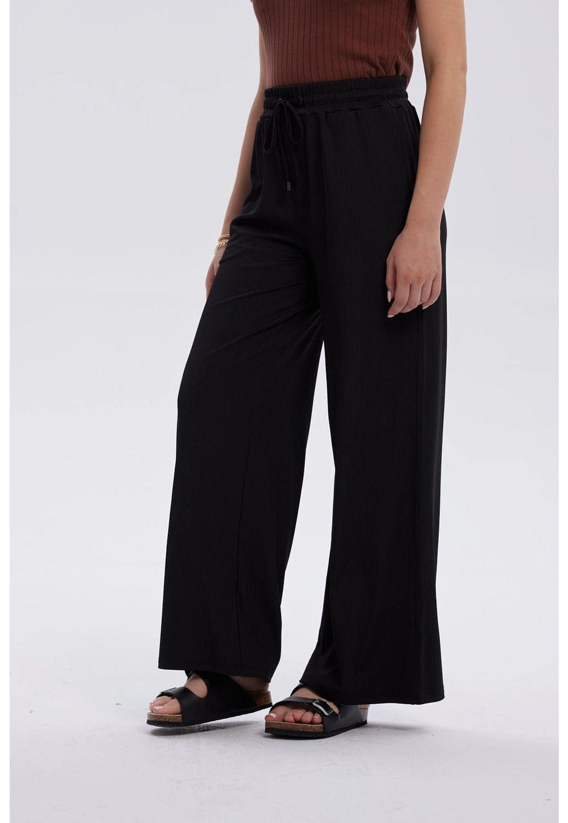Pantalón Mujer Rib Palazzo Liso Pretina Negro-2