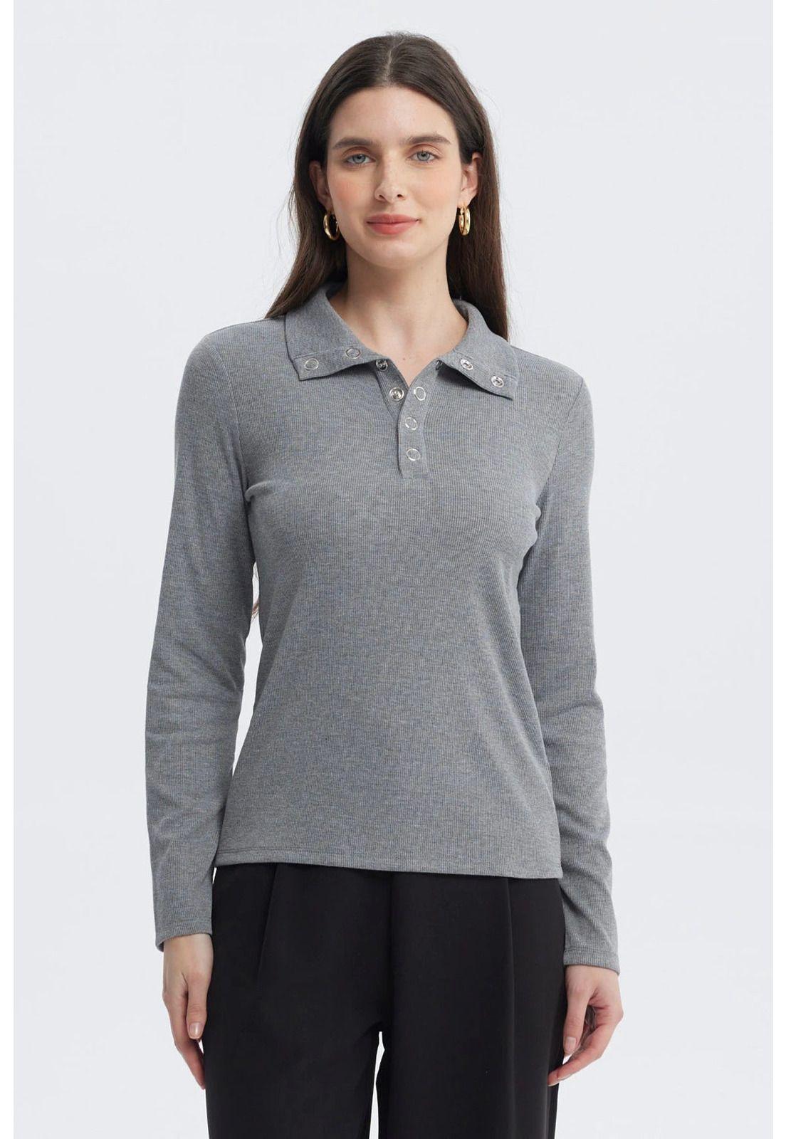 Polera Mujer Con Botón Gris Melange-0