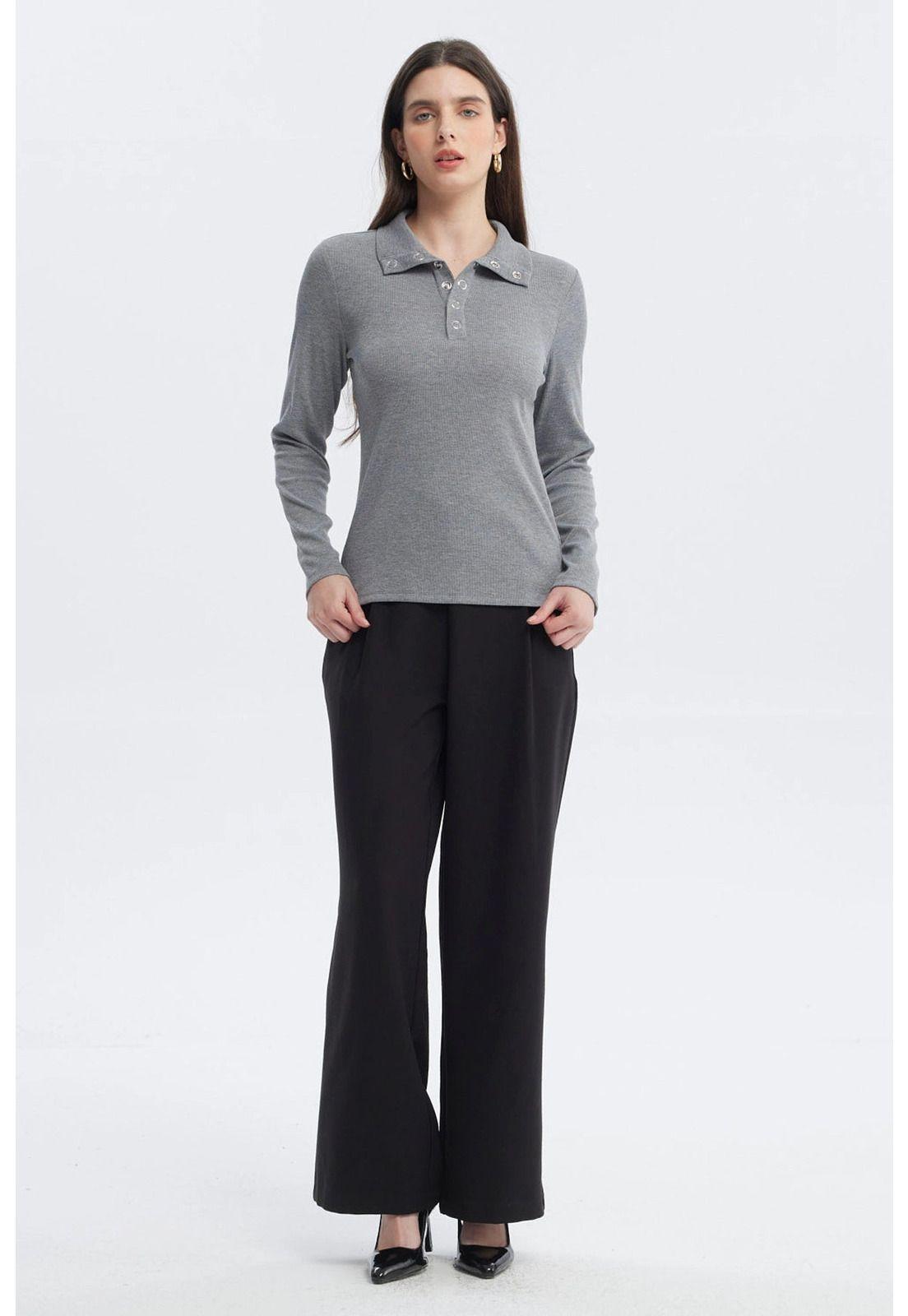 Polera Mujer Con Botón Gris Melange-3