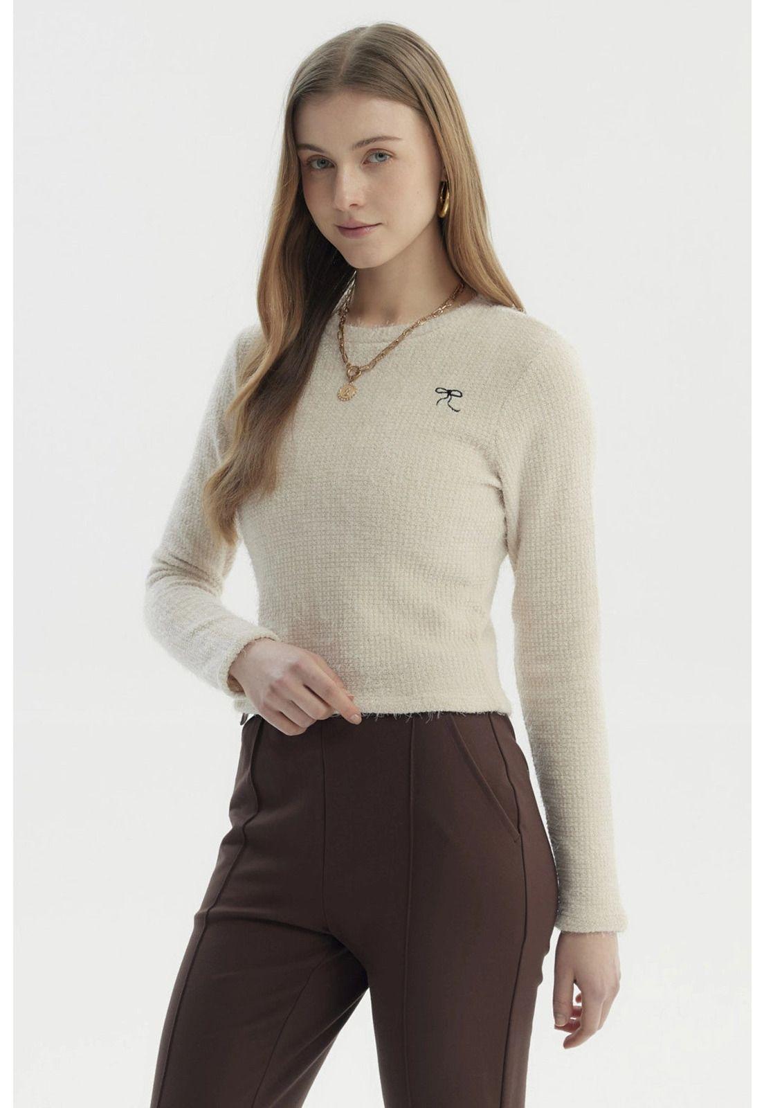 Polera Mujer Con Textura Afelpada Beige Claro-1