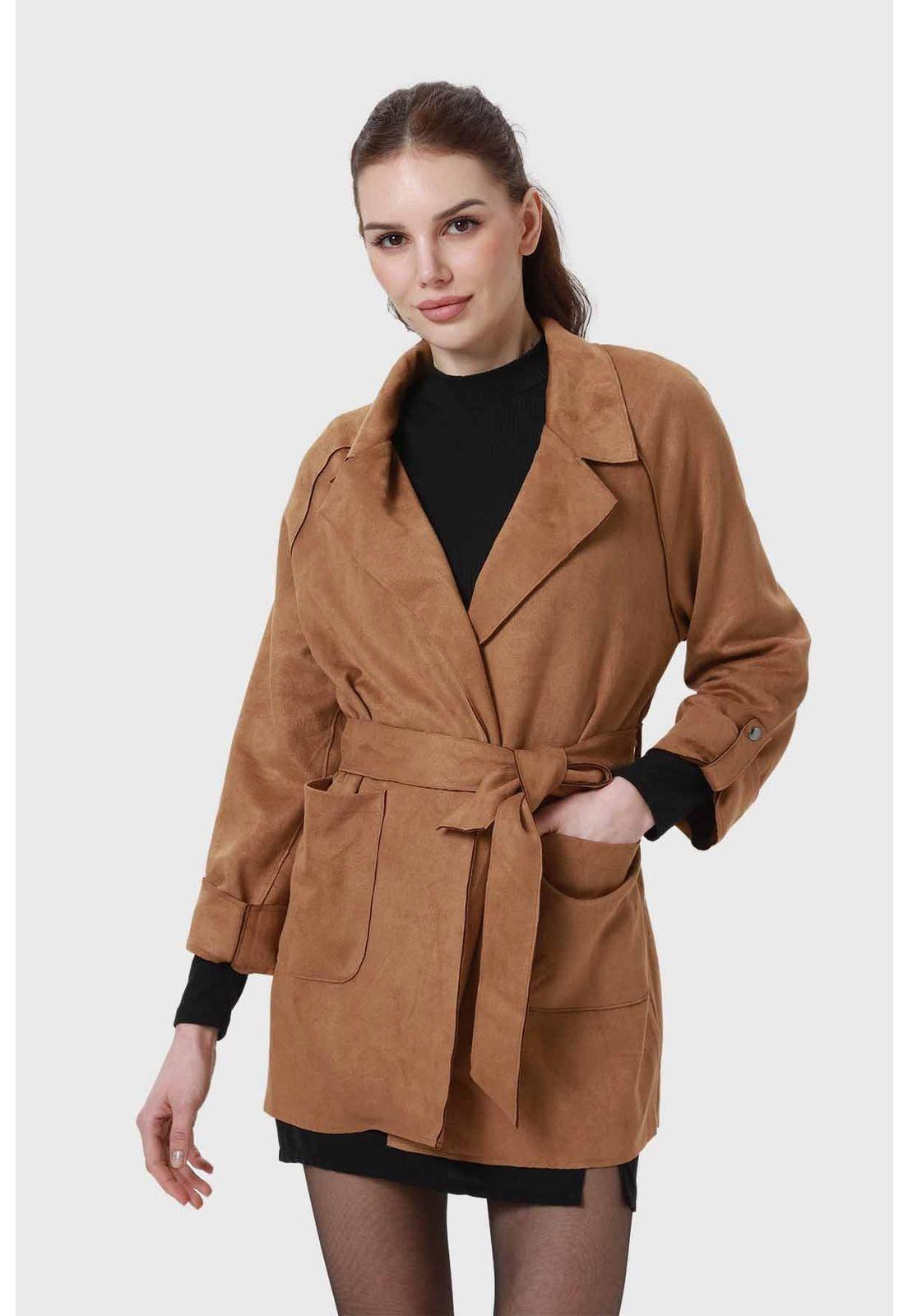 Abrigo Mujer Antelina Con Lazo Camel-0
