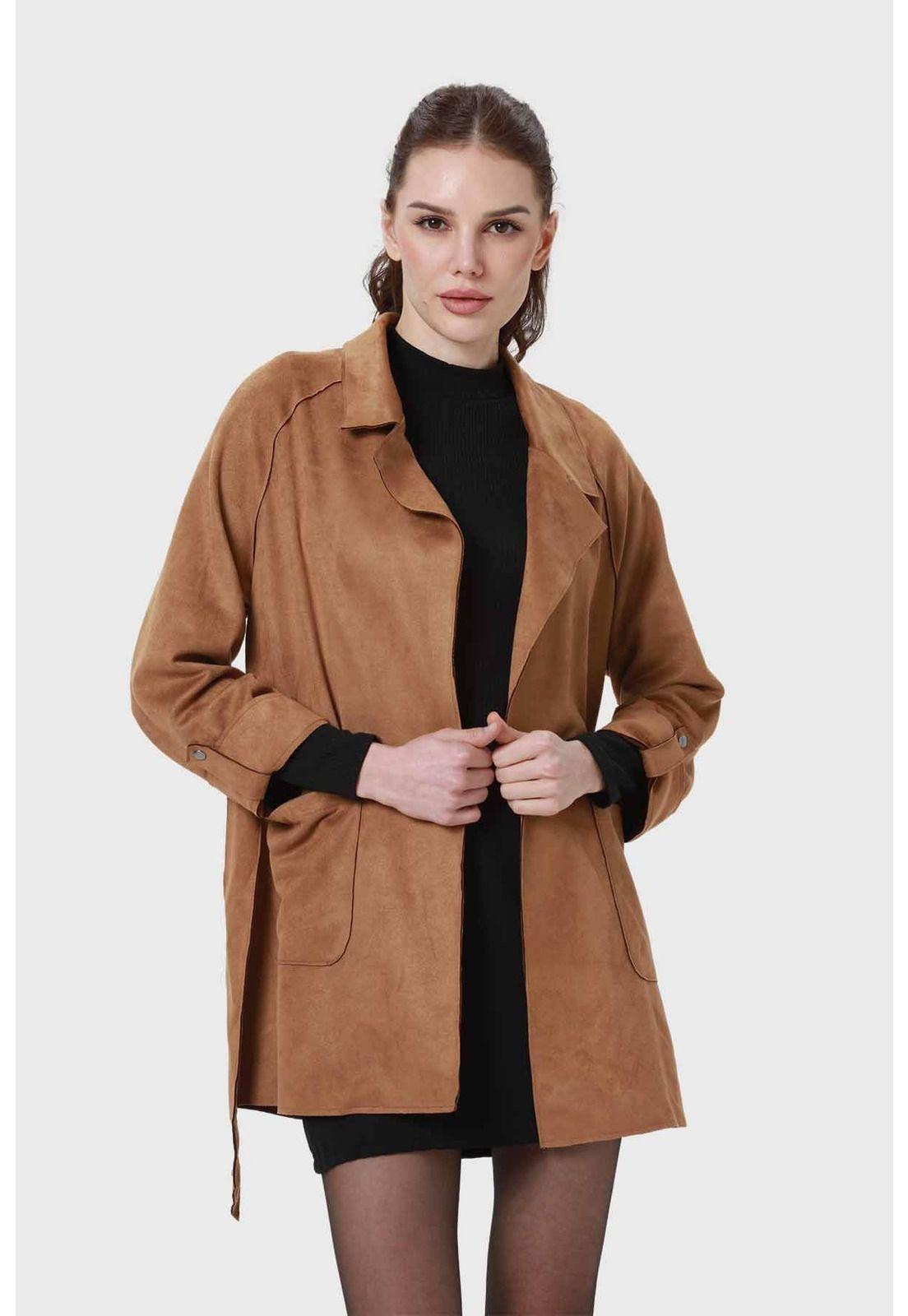 Abrigo Mujer Antelina Con Lazo Camel-1