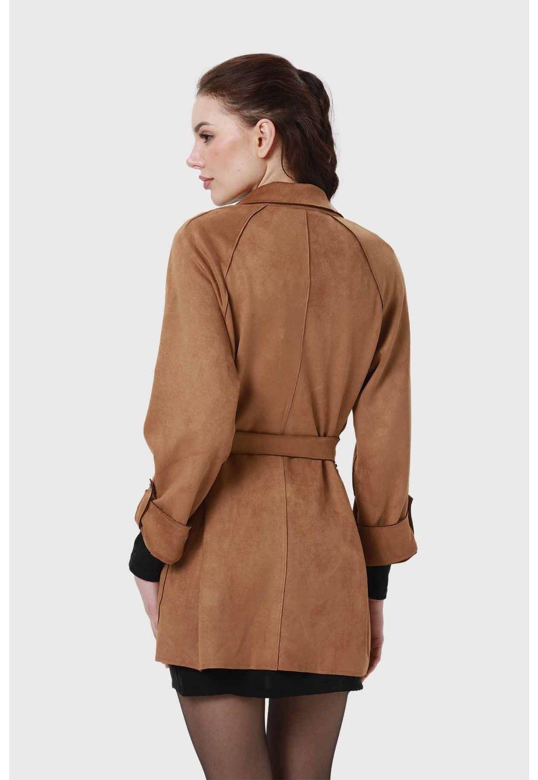 Abrigo Mujer Antelina Con Lazo Camel-2