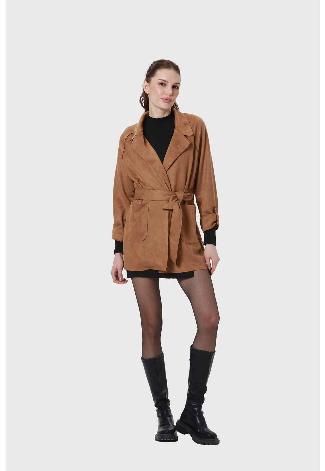 Abrigo Mujer Antelina Con Lazo Camel-3