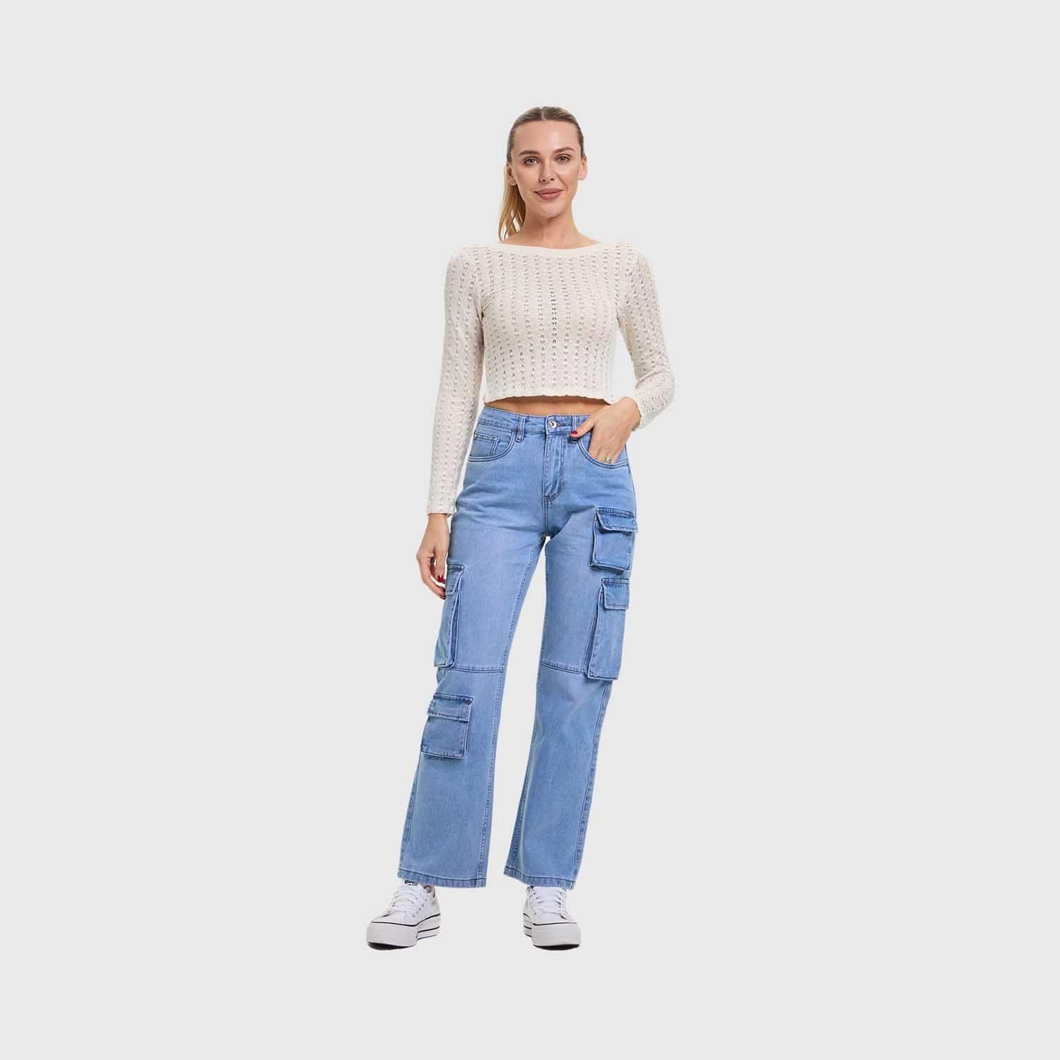 Jeans Mujer Calce Recto Cargo Azul Claro Fashion's Park-3