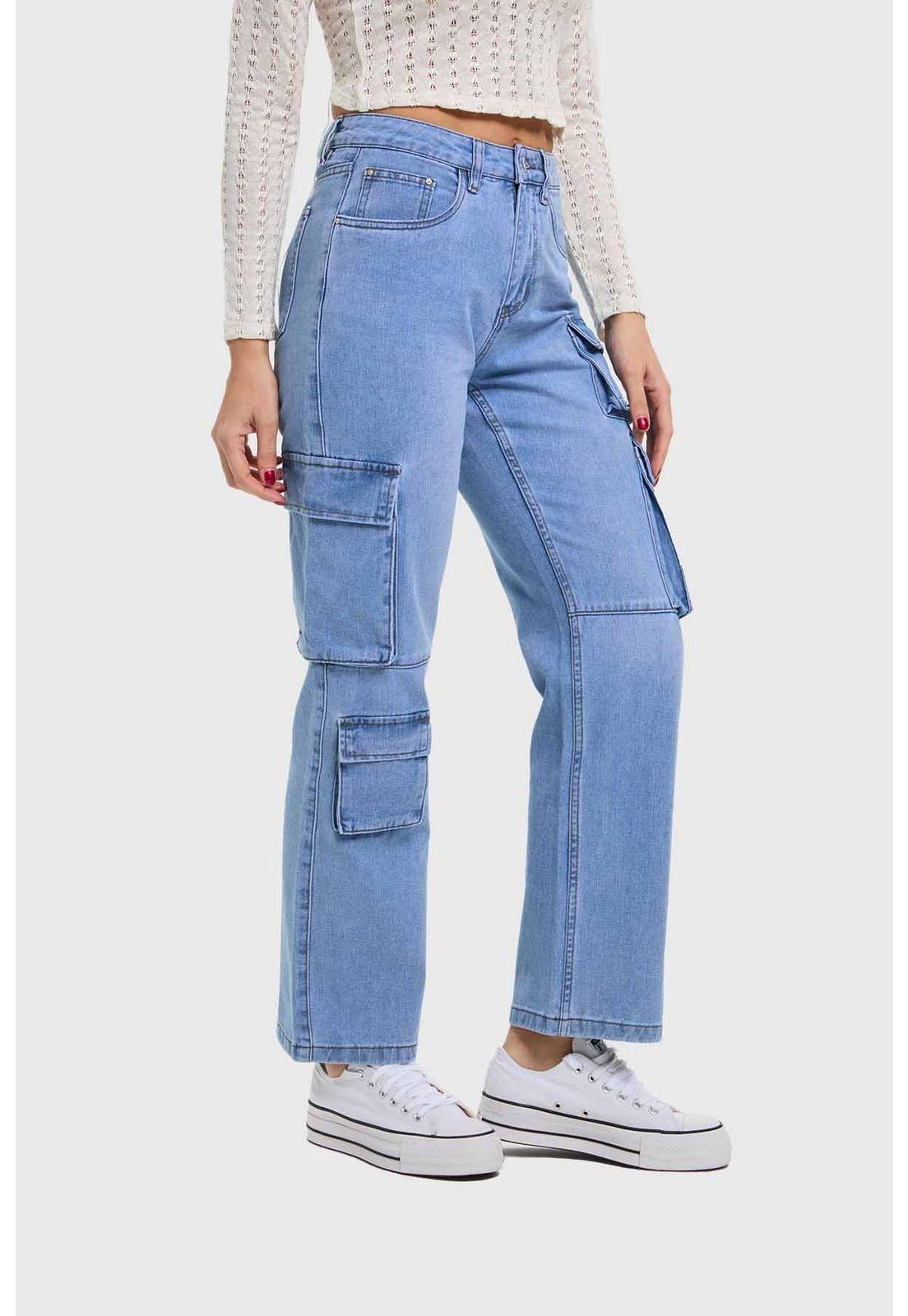 Jeans Mujer Calce Recto Cargo Azul - ll-1
