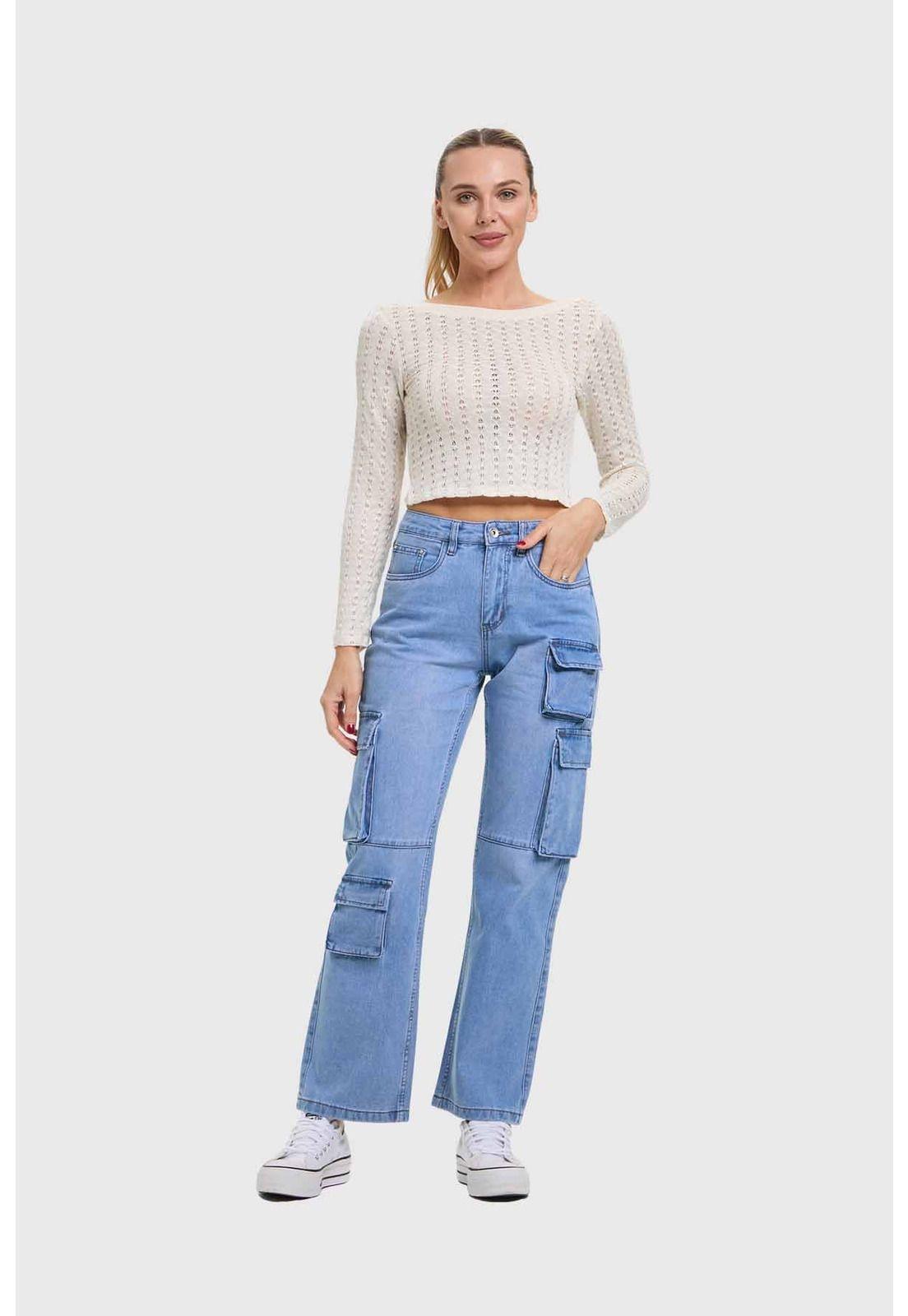 Jeans Mujer Calce Recto Cargo Azul - ll-3