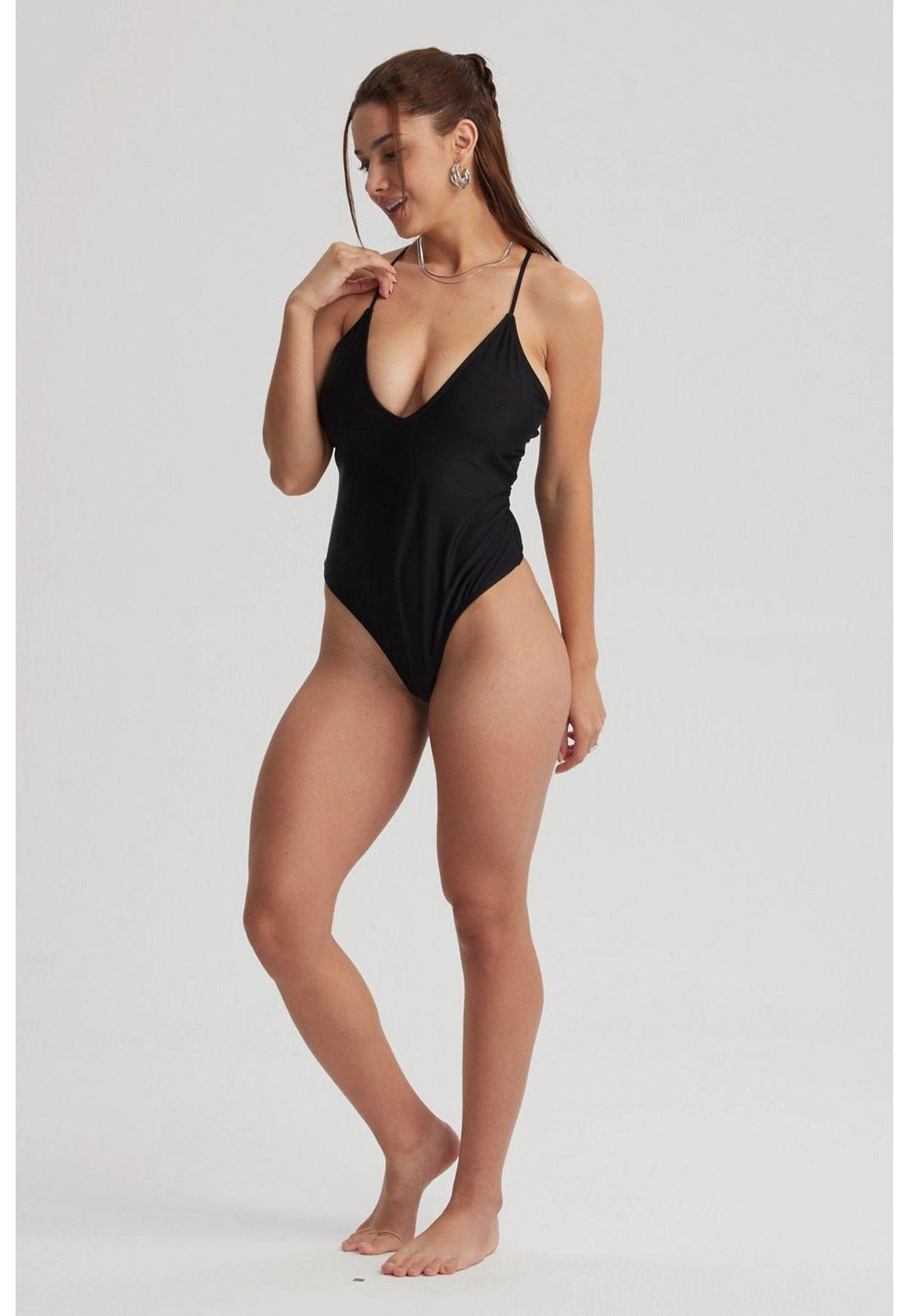 Traje De Baño Mujer Entero Escote Profundo Negro-3