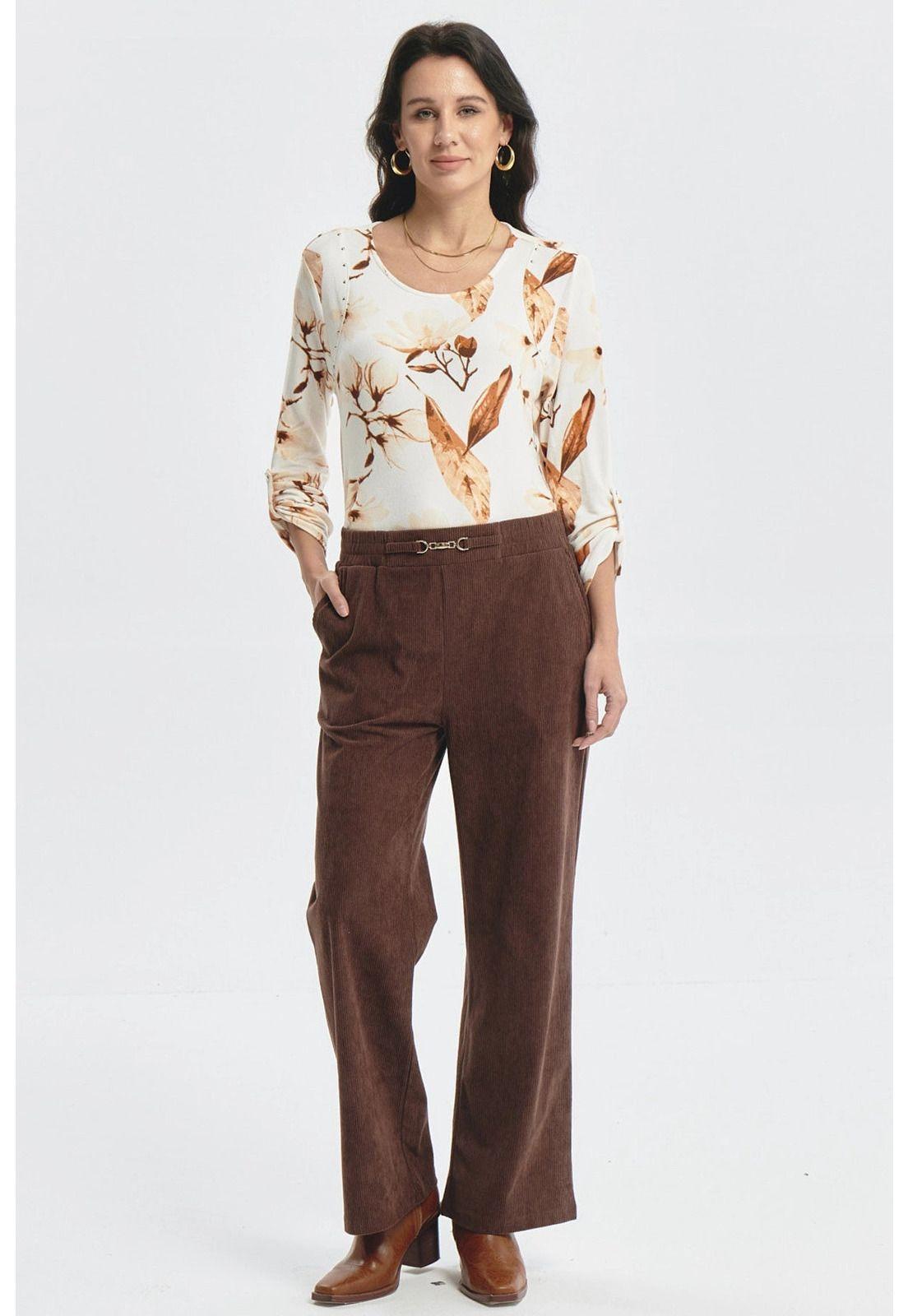 Pantalón Mujer Calce Recto Detalle Pretina Café-3