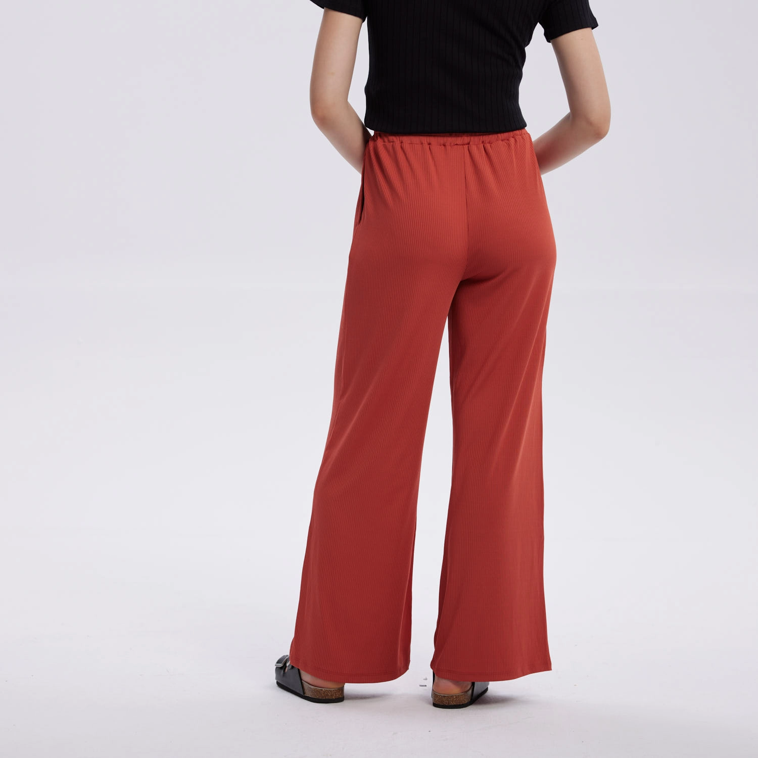 Pantalón Mujer Rib Palazzo Liso Pretina Terracota-3