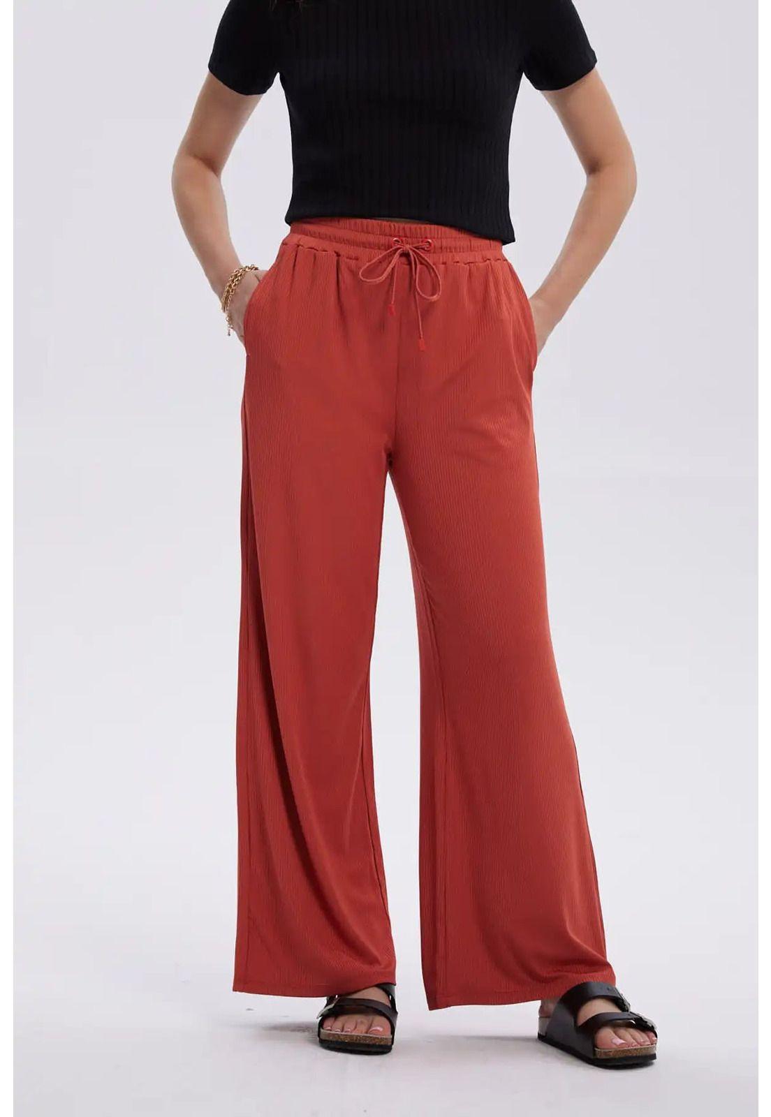 Pantalón Mujer Rib Palazzo Liso Pretina Terracota-0