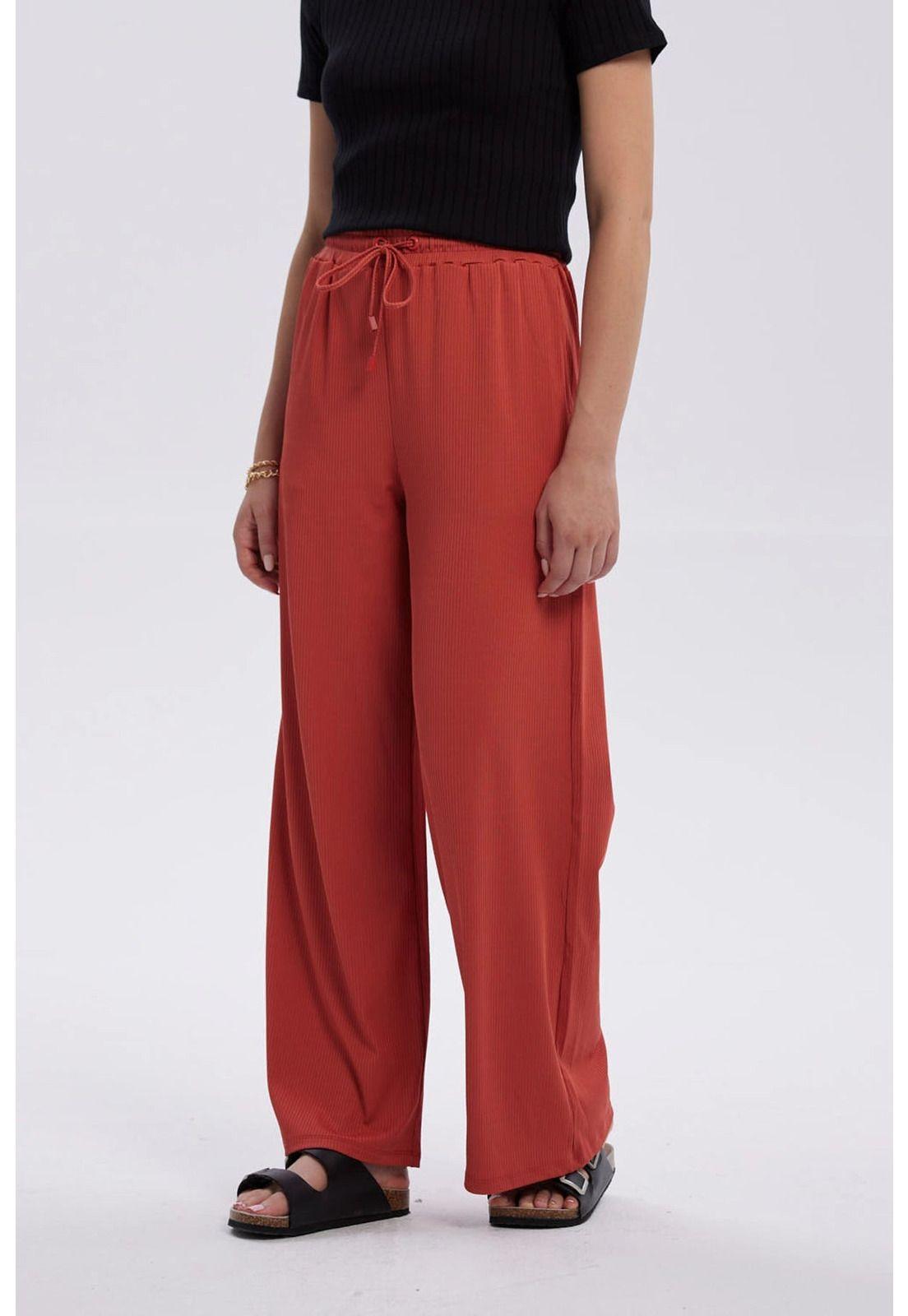 Pantalón Mujer Rib Palazzo Liso Pretina Terracota-1