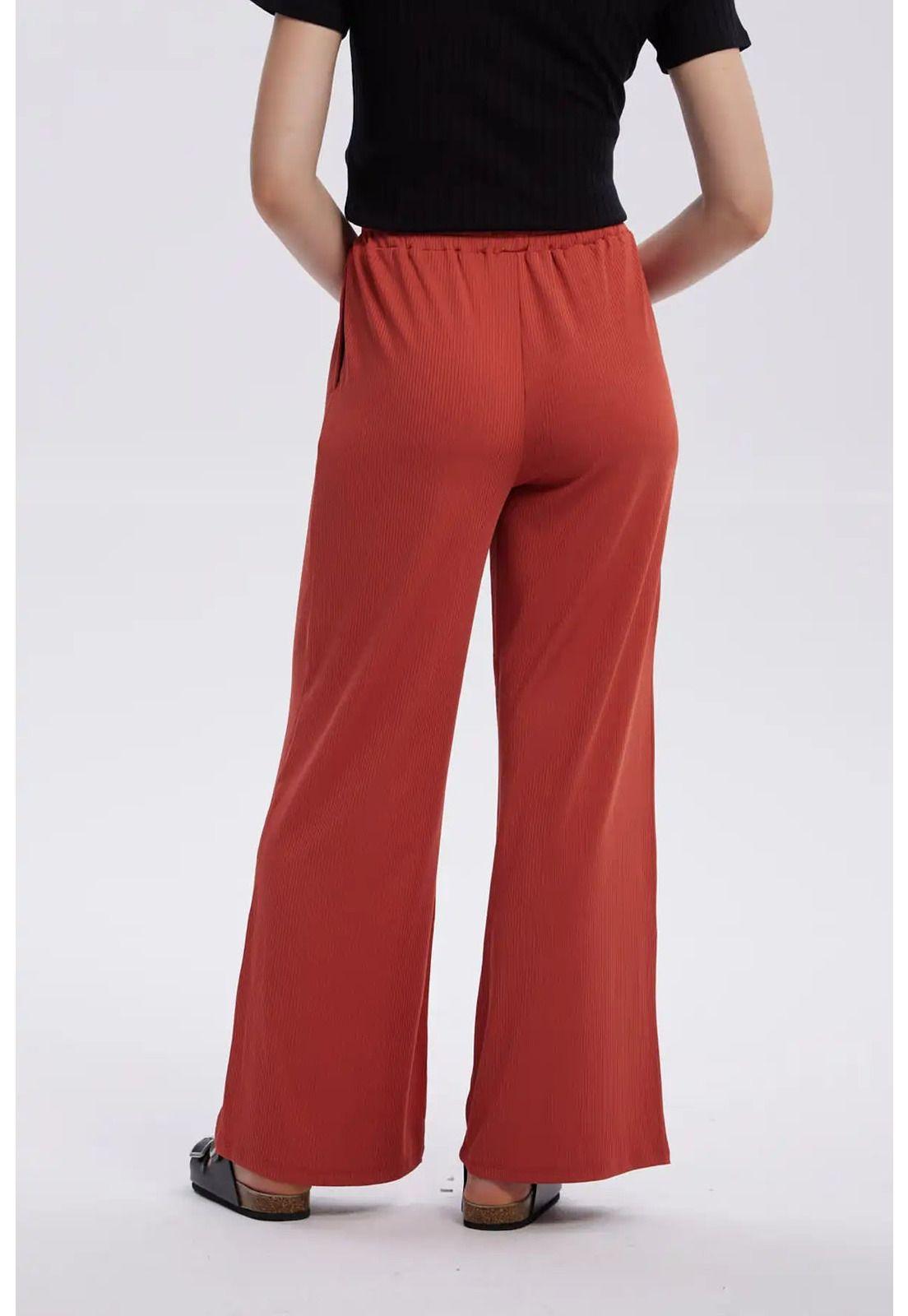 Pantalón Mujer Rib Palazzo Liso Pretina Terracota-2