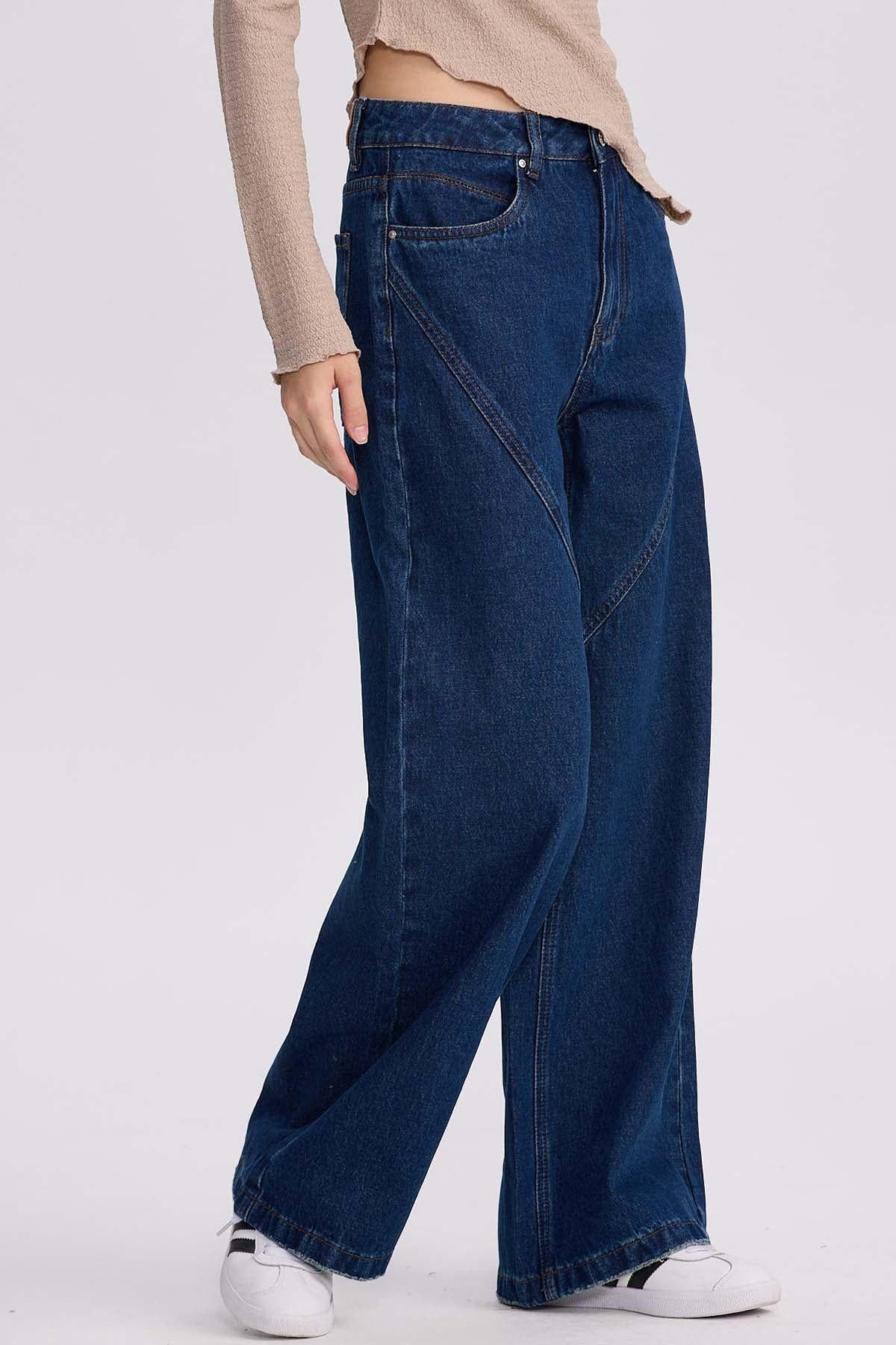 Jeans Mujer Wide Leg Cortes Azul Oscuro-1