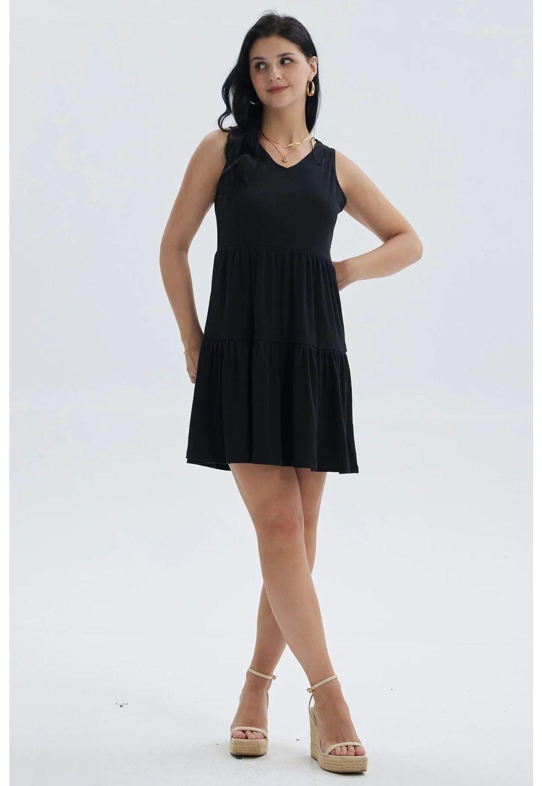 Vestido Mujer Liso Rib Con Corte Negro-0