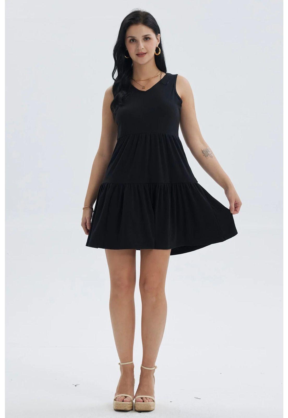 Vestido Mujer Liso Rib Con Corte Negro-1