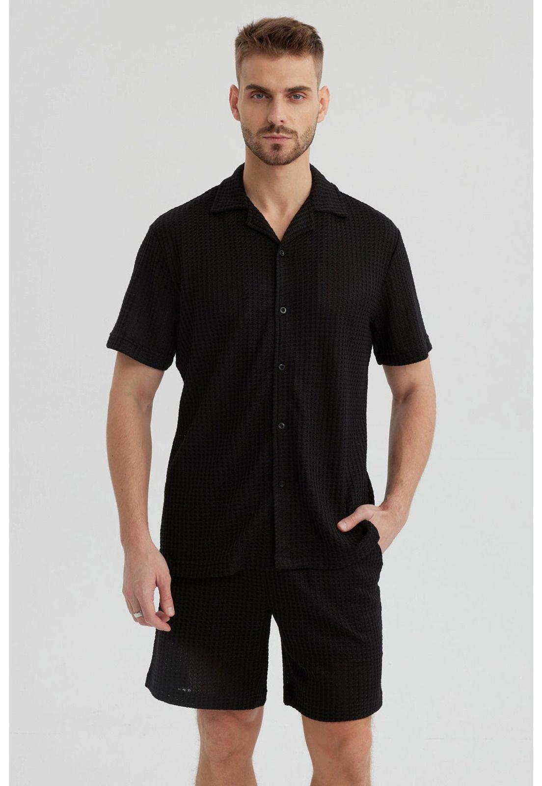 Camisa Hombre Slim Cuello Camisero Negro-0