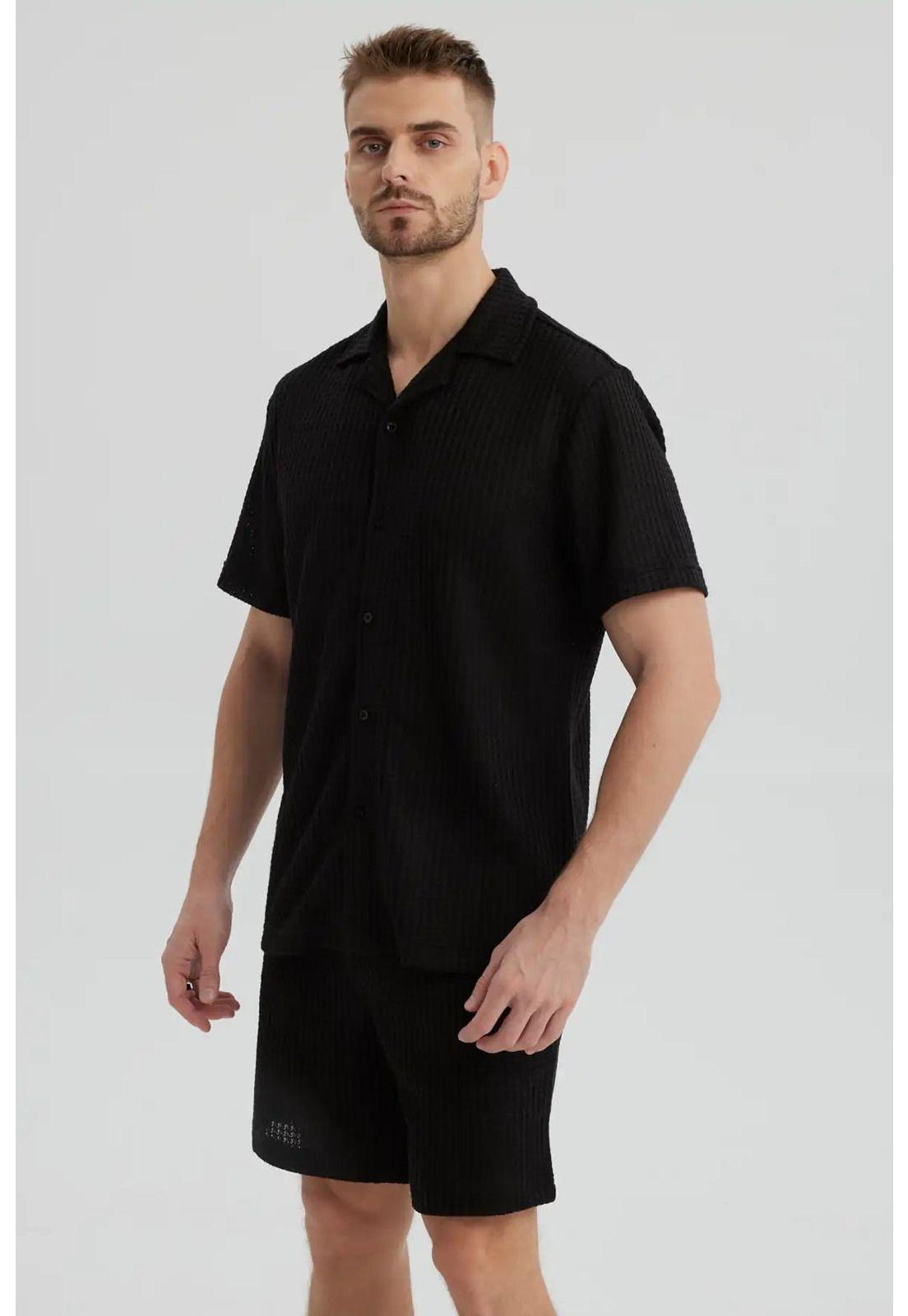 Camisa Hombre Slim Cuello Camisero Negro-1