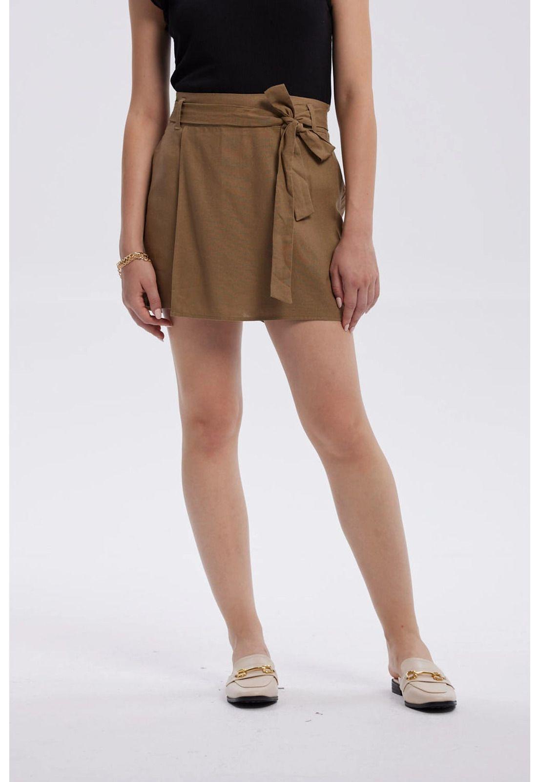 Falda Mujer Short Lino Amarra Cintura Café Claro-0