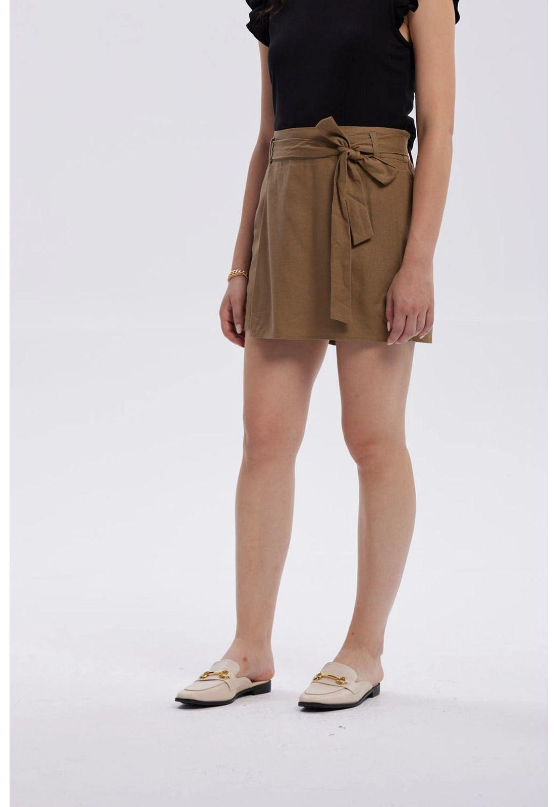Falda Mujer Short Lino Amarra Cintura Café Claro-1