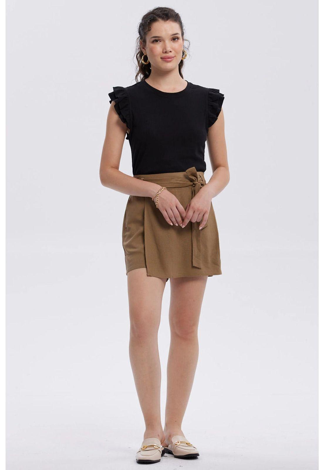 Falda Mujer Short Lino Amarra Cintura Café Claro-3