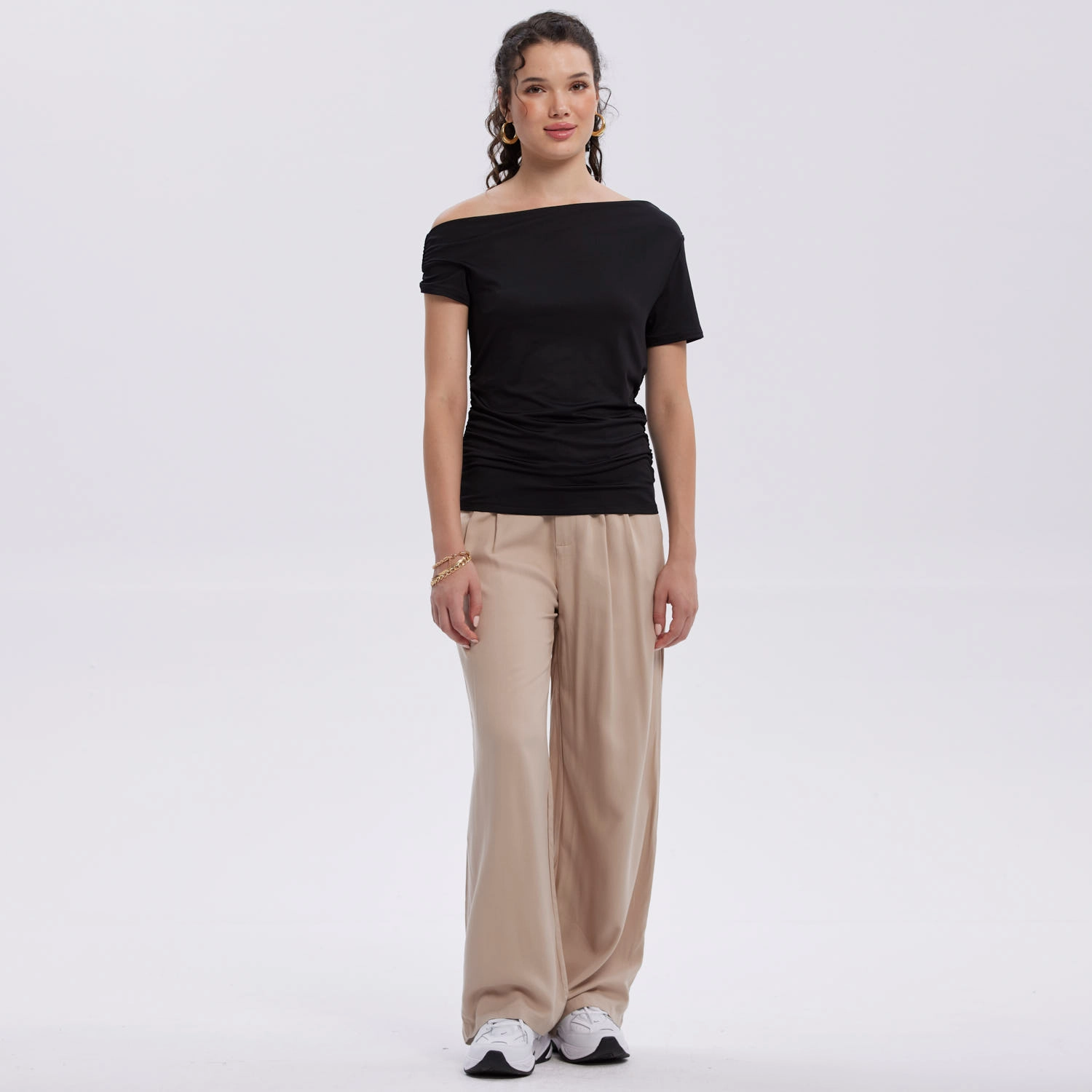 Pantalón Mujer Palazzo Liso Beige-3