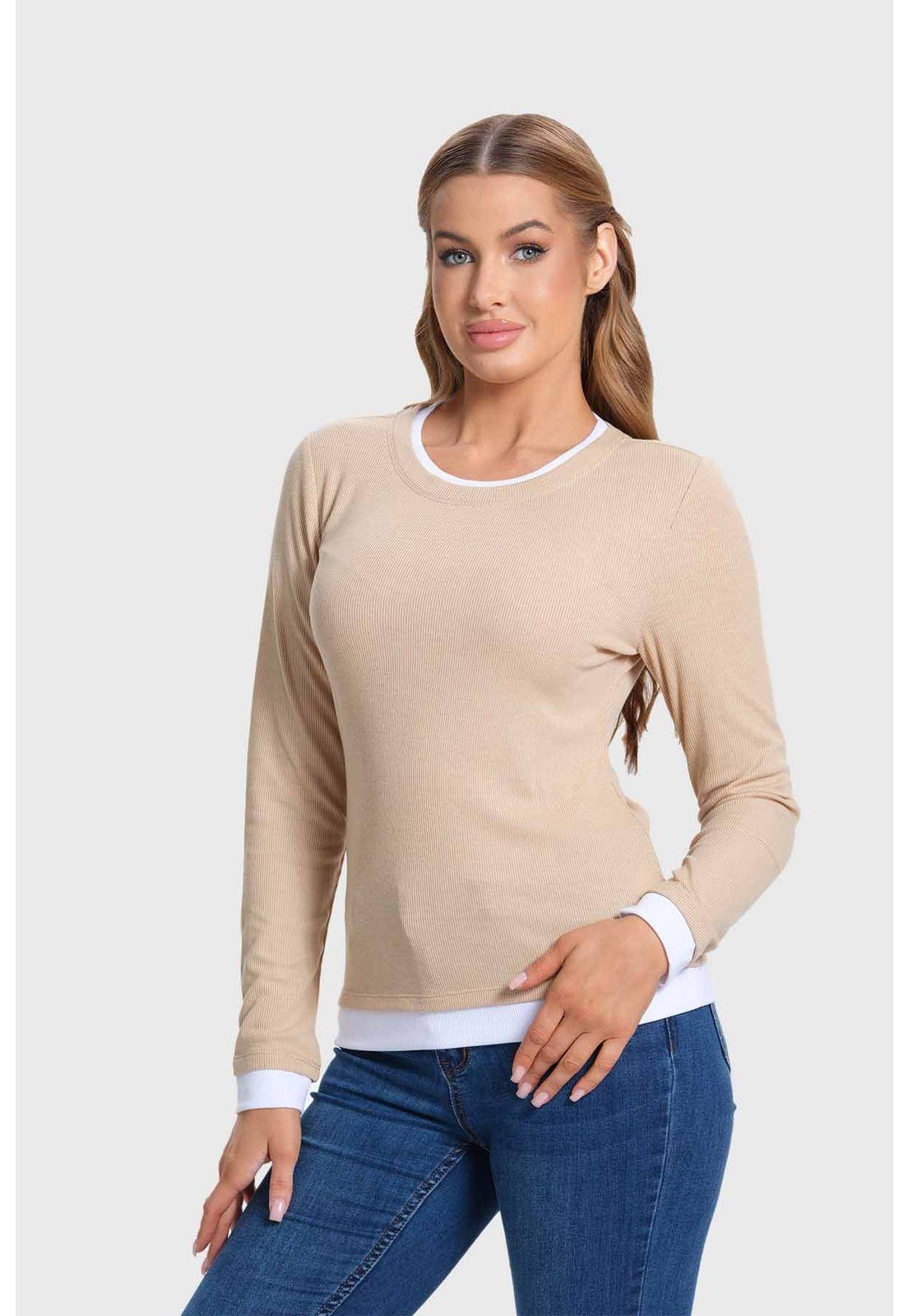 Polera Mujer Aplicación Doble Basta Beige-1
