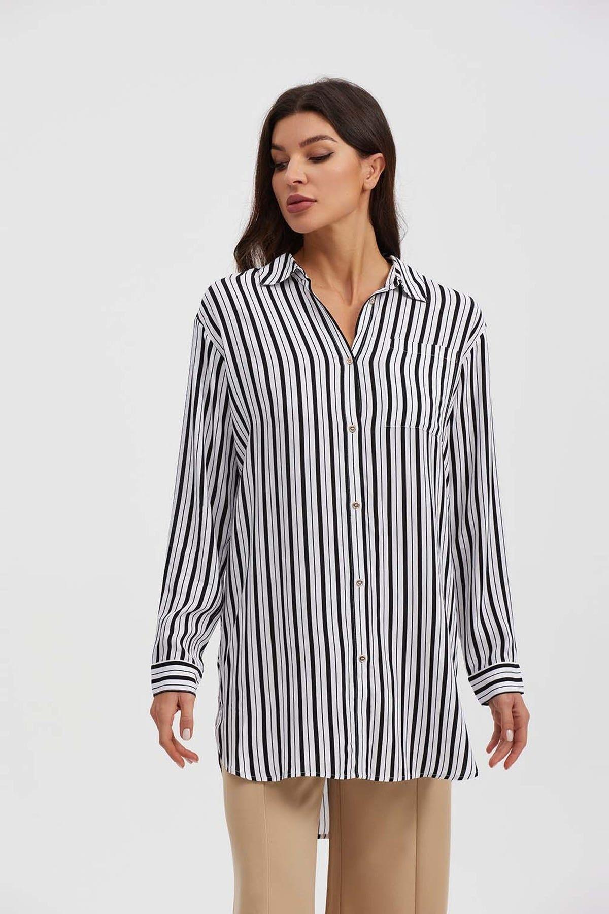 Blusa Mujer Larga Con Botón Parche Negro-0