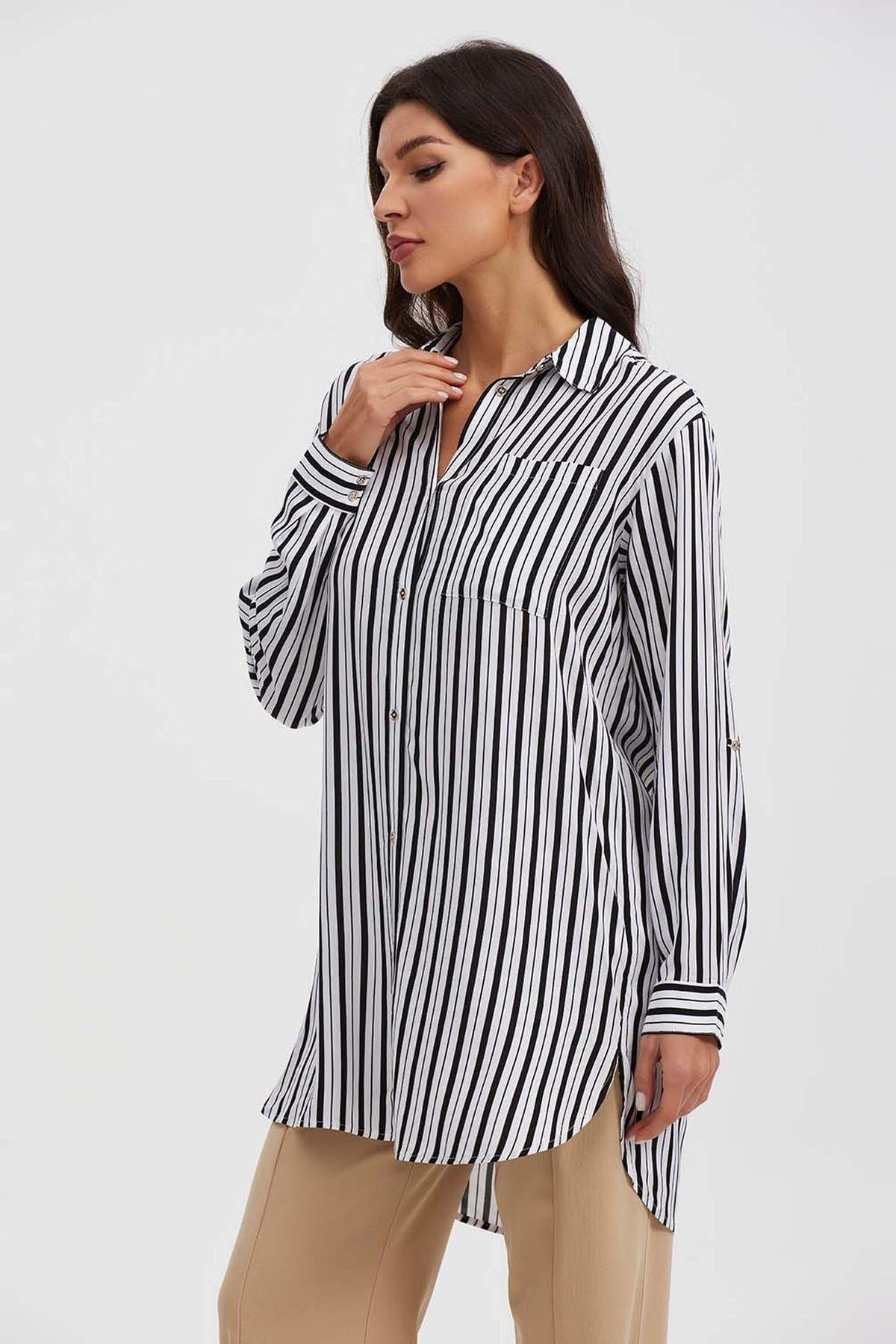 Blusa Mujer Larga Con Botón Parche Negro-1