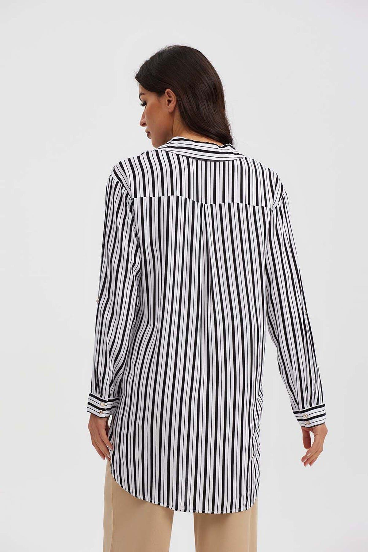 Blusa Mujer Larga Con Botón Parche Negro-2