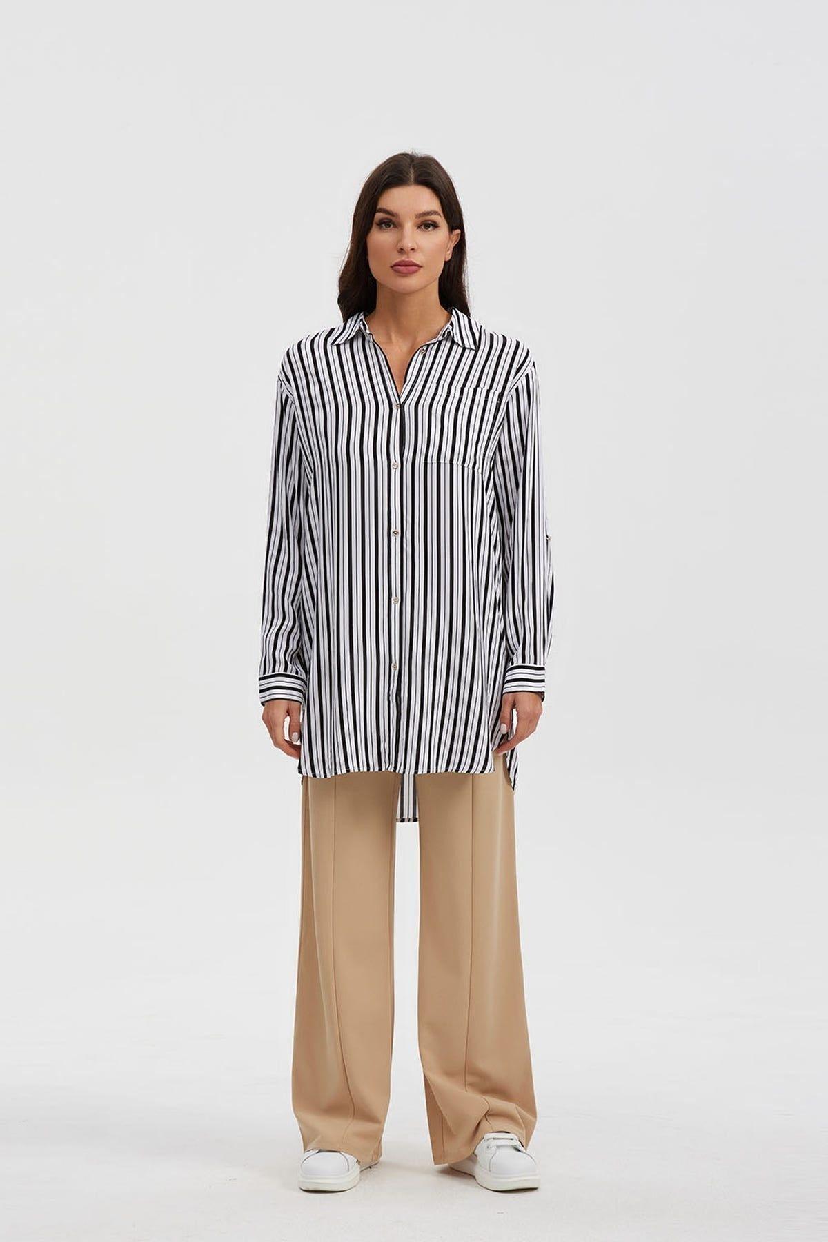 Blusa Mujer Larga Con Botón Parche Negro-3
