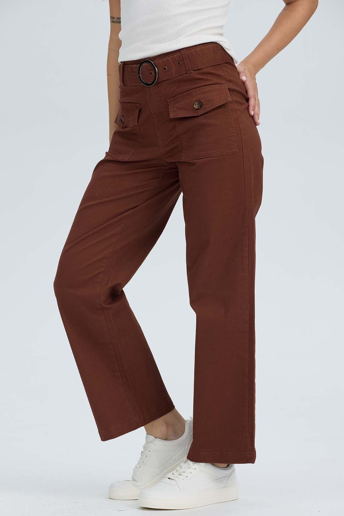 Pantalón Mujer Con Cinturón Y Bolsillos Cafe-1