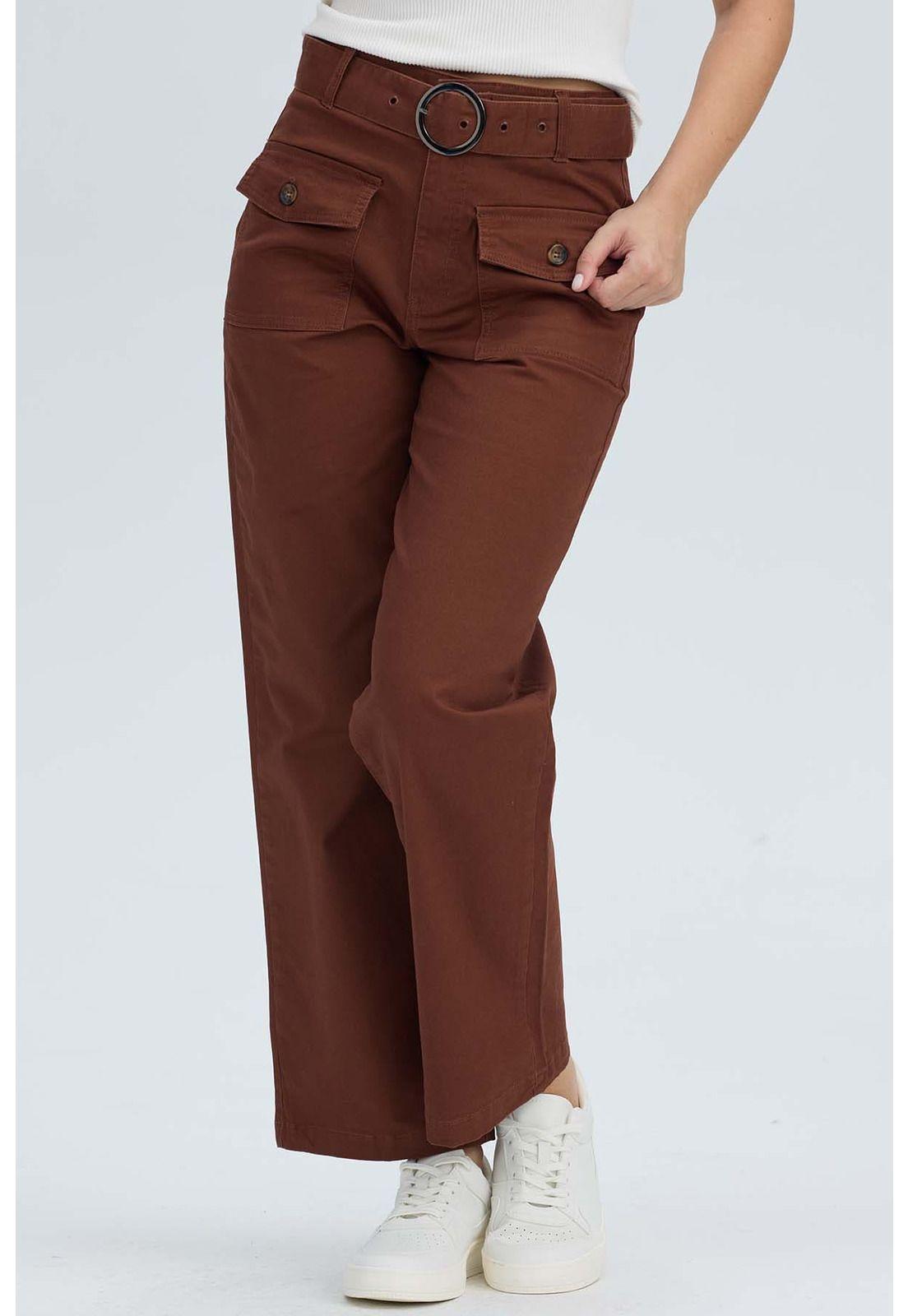 Pantalón Mujer Con Cinturón Y Bolsillos Café-0