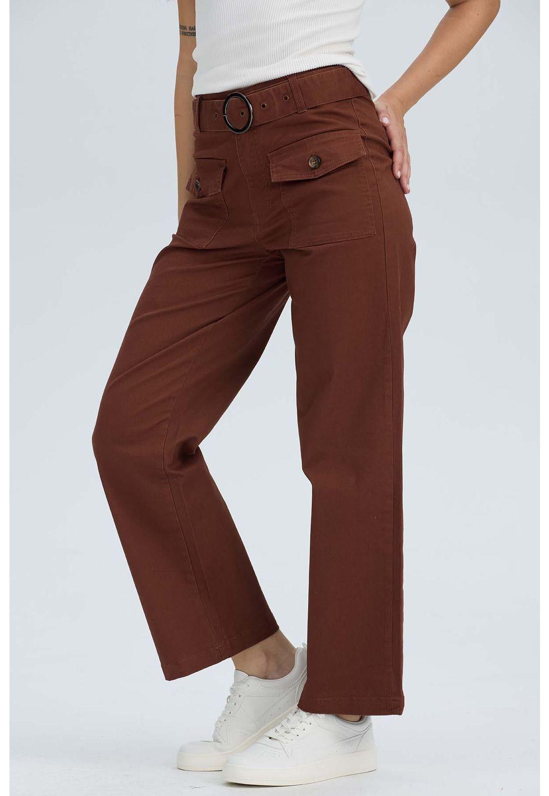 Pantalón Mujer Con Cinturón Y Bolsillos Café-1