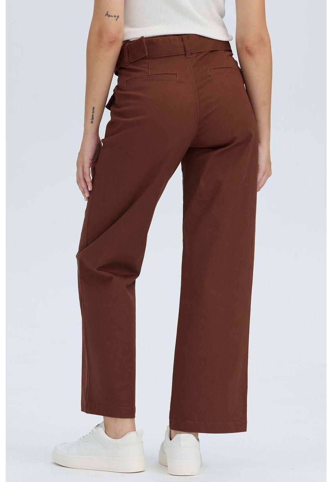 Pantalón Mujer Con Cinturón Y Bolsillos Café-2